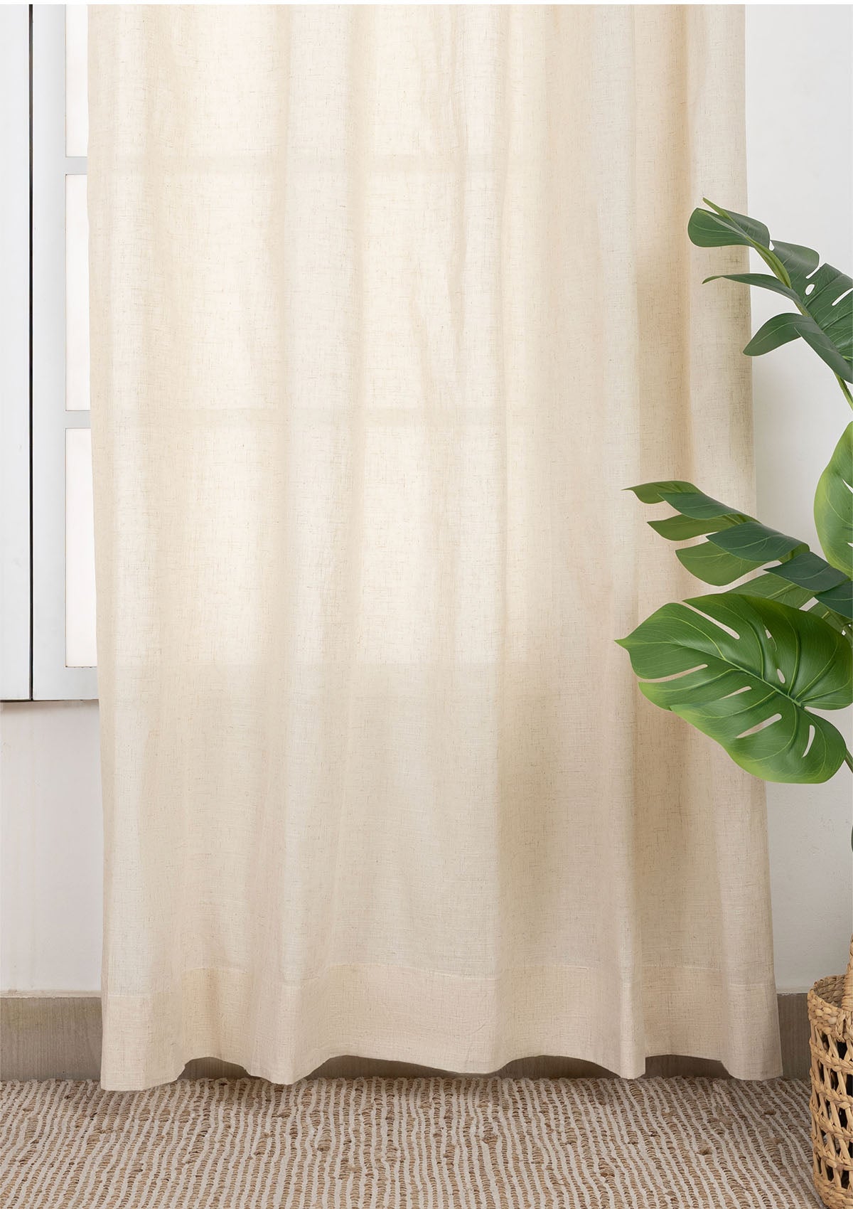 Almond Plain Beige Neutral Linen Cotton Blend Sheer Textured Curtain For Livingroom / Bedroom | Light Filtering | Single Piece