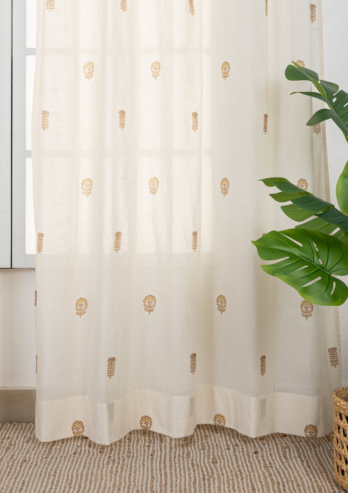 Baagh Mustard Floral 100% Cotton Sheer Printed Curtain For Livingroom / Bedroom | Light Filtering | Single Piece