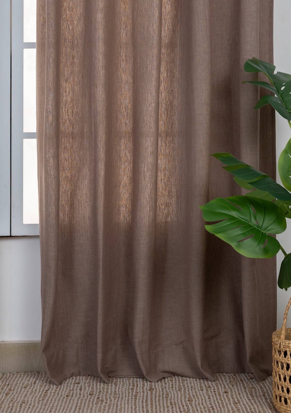 Fig Brown Solid Linen Cotton Blend Textured Curtain For Livingroom / Bedroom | Room Darkening | Single Piece