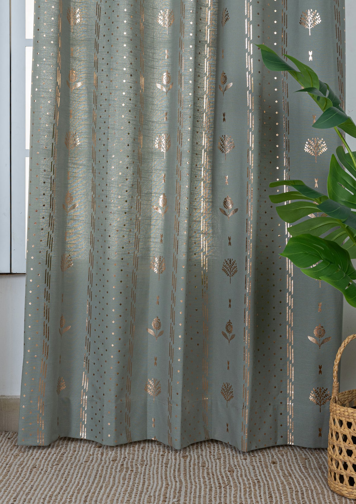 Iniya Green & Copper Ethnic 100% Cotton Copper Printed Curtain For Livingroom / Bedroom | Room Darkening | Single Piece
