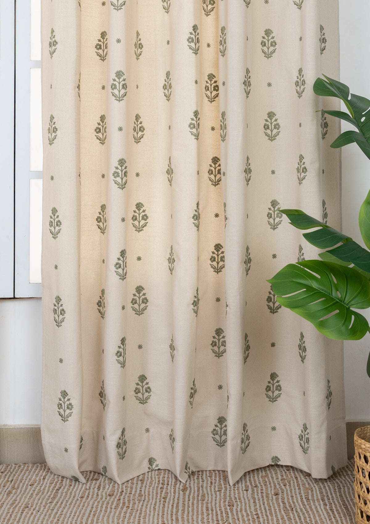 Juhi Green Floral 100% Cotton Embroidered Curtain For Livingroom / Bedroom | Light Reduction | Single Piece