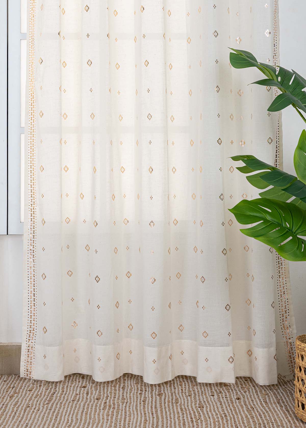Kani Copper Beige Geometric 100% Cotton Sheer Printed Curtain For Livingroom / Bedroom | Light Filtering | Single Piece