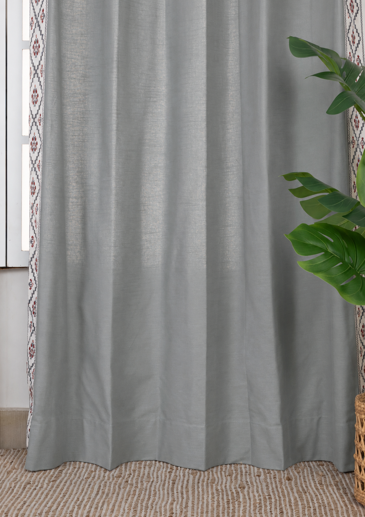 Ketaki Ultimate Grey & Blue Geometric 100% Cotton Embroidered Curtain For Livingroom / Bedroom | Room Darkening | Single Piece