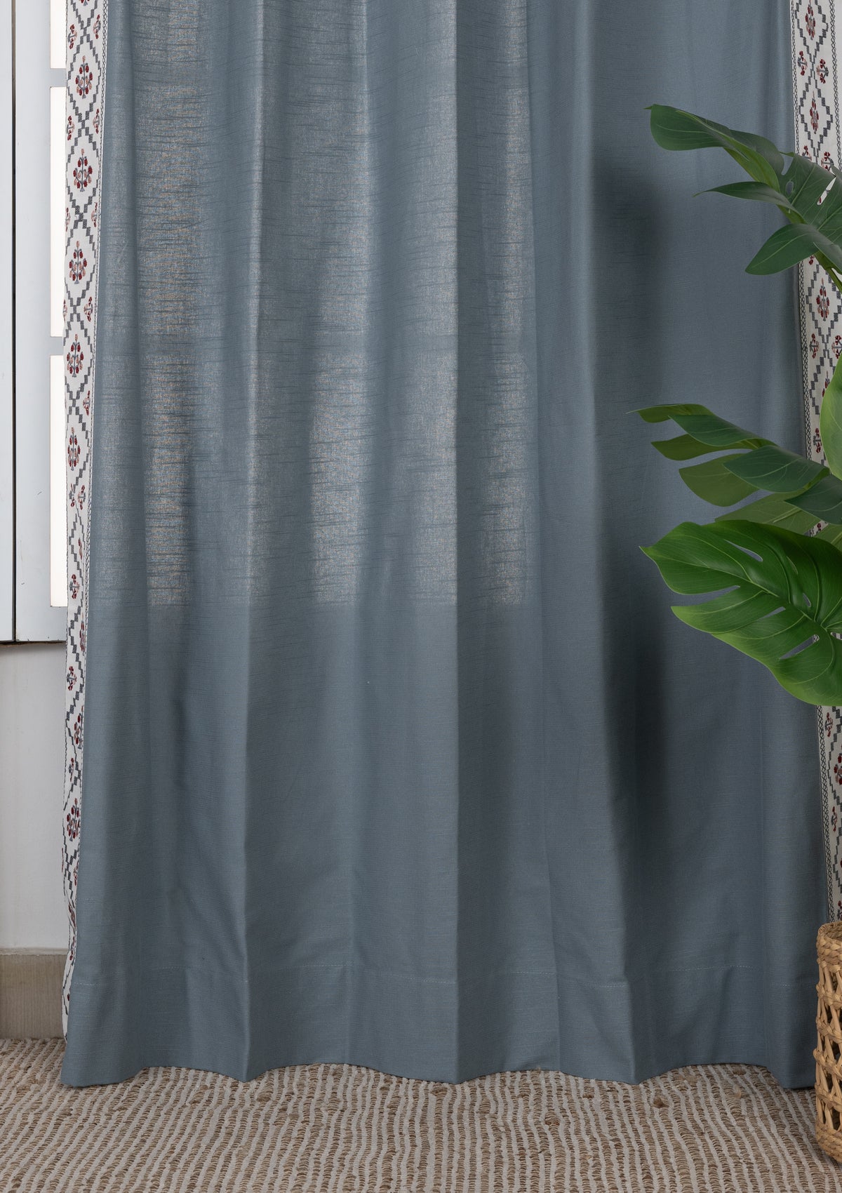 Ketaki Nilgiri Blue & Pink Geometric Linen Cotton Blend Embroidered Curtain For Livingroom / Bedroom | Room Darkening | Single Piece