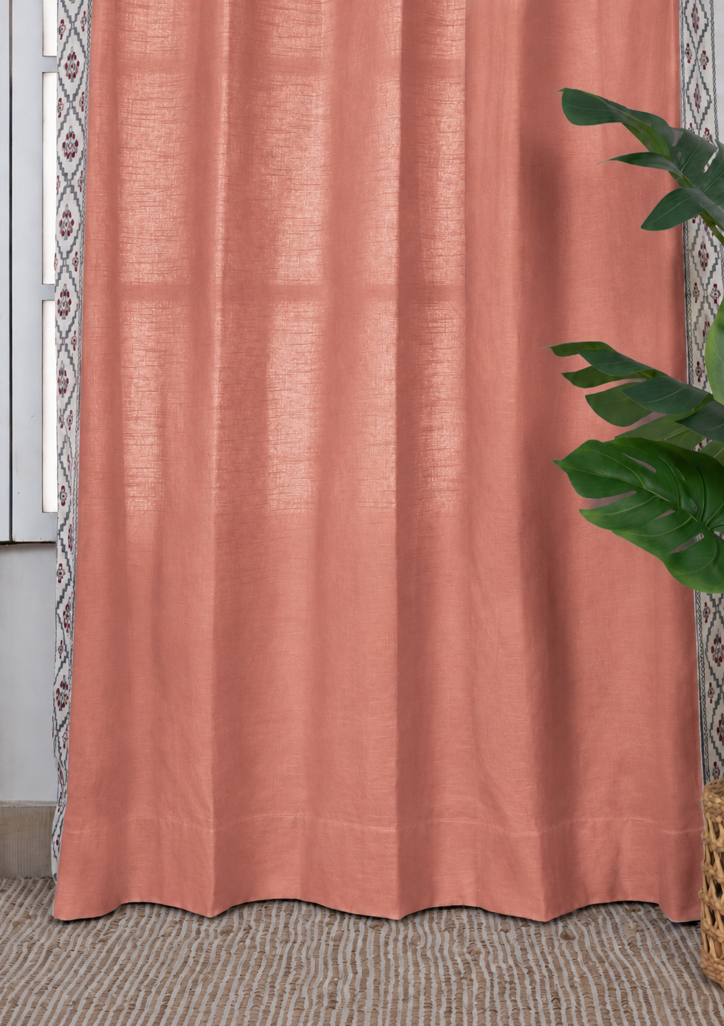 Ketaki Rust Blue & Pink Geometric 100% Cotton Embroidered Curtain For Livingroom / Bedroom | Room Darkening | Single Piece