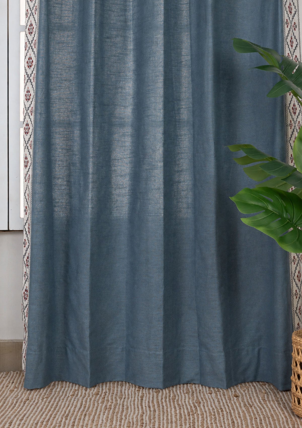 Ketaki Nilgiri Blue & Pink Geometric Linen Cotton Blend Embroidered Curtain For Livingroom / Bedroom | Room Darkening | Single Piece