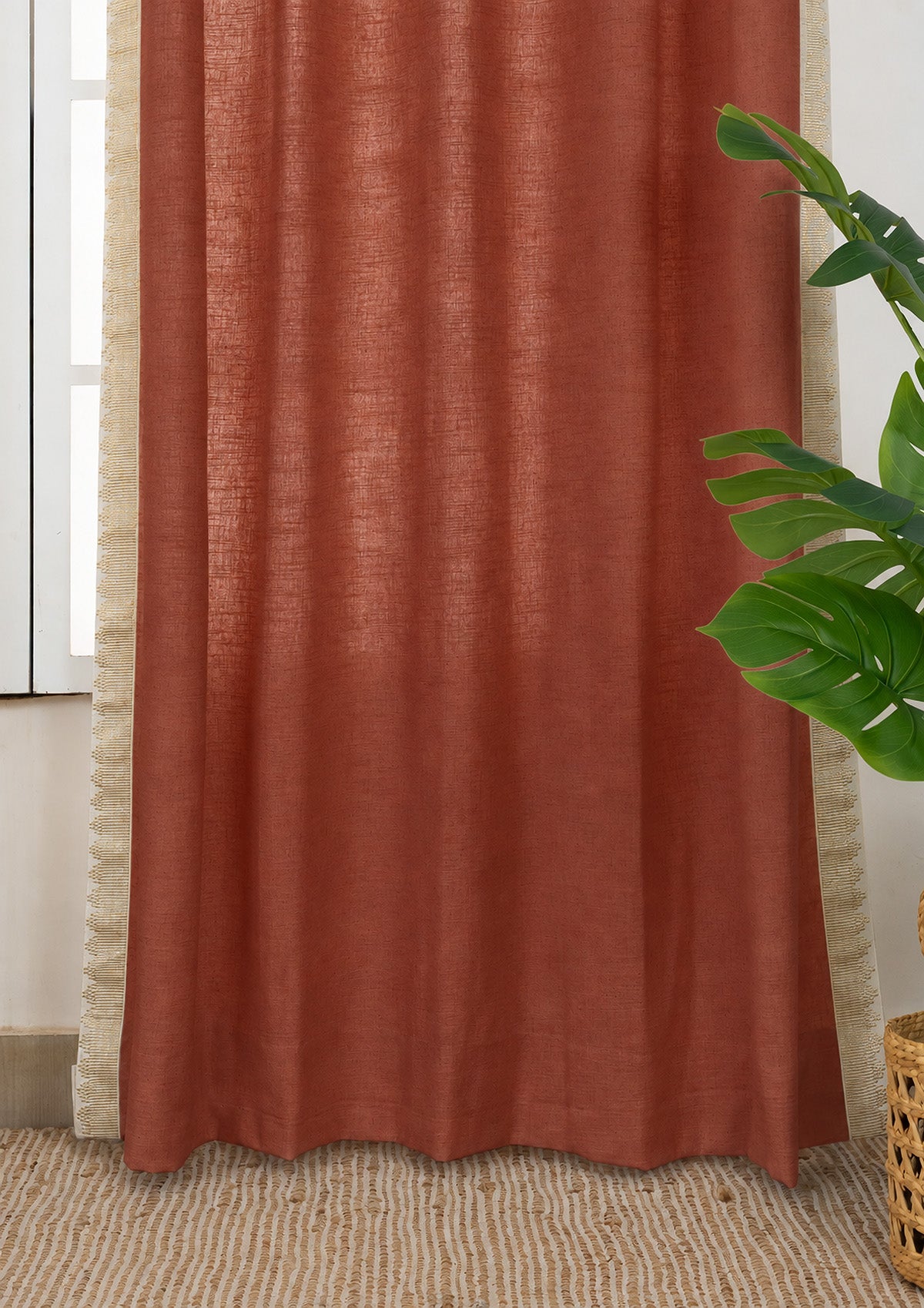 Kinari Brick Red & Gold Ethnic 100% Cotton Textured Curtain For Livingroom / Bedroom | Room Darkening | Single Piece