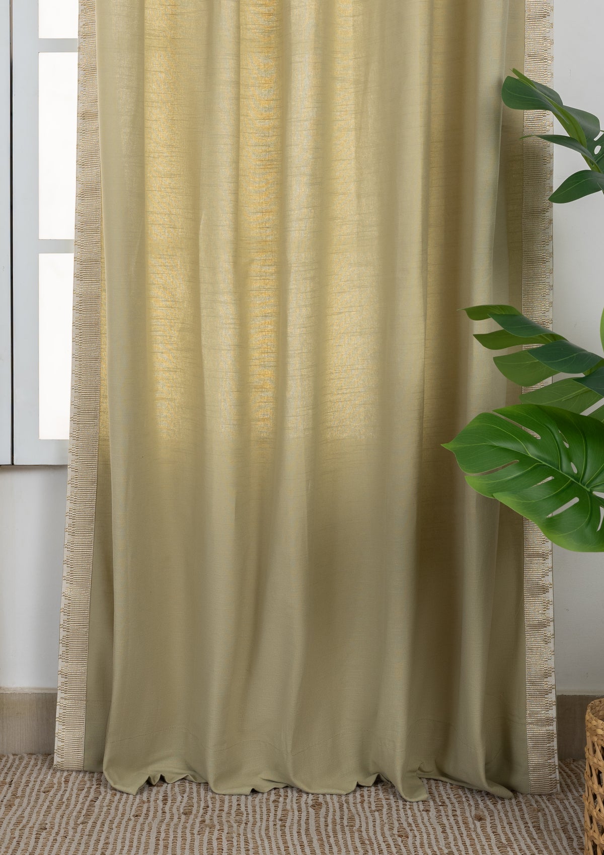 Kinari Herb Green & Gold Ethnic 100% Cotton Textured Curtain For Livingroom / Bedroom | Room Darkening | Single Piece