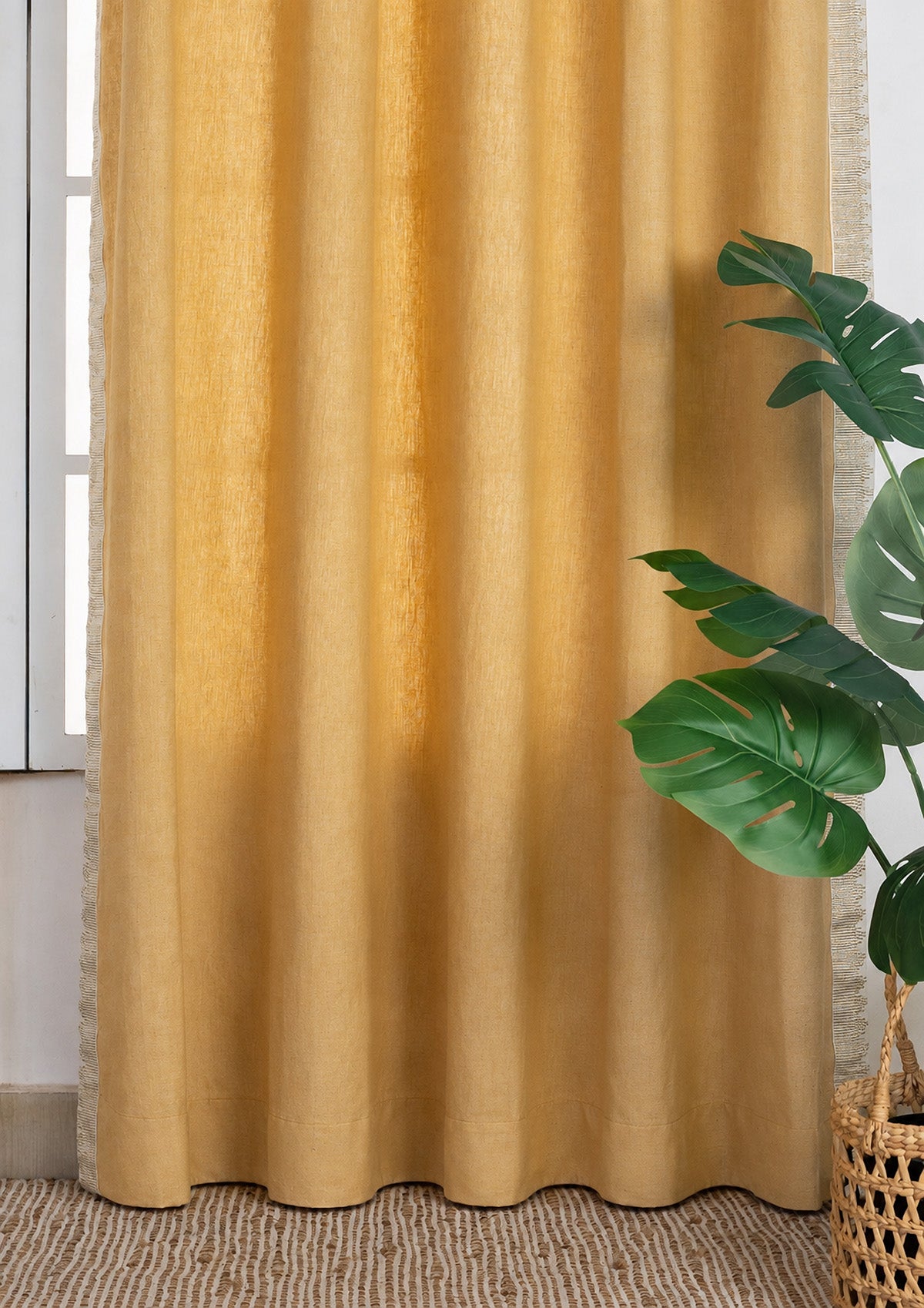 Kinari Honey Yellow & Gold Ethnic Linen Cotton Blend Textured Curtain For Livingroom / Bedroom | Room Darkening | Single Piece