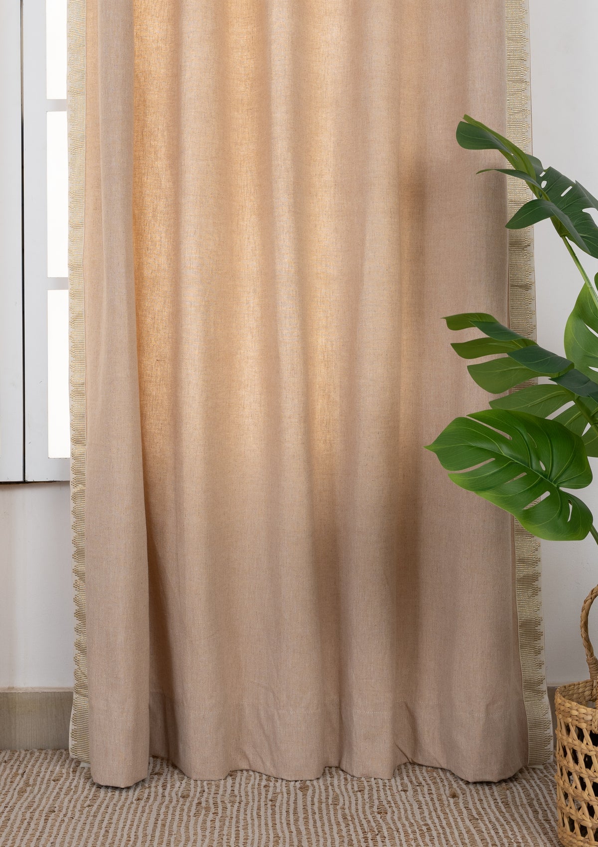 Kinari Pink Sand & Gold Ethnic Linen Cotton Blend Textured Curtain For Livingroom / Bedroom | Room Darkening | Single Piece