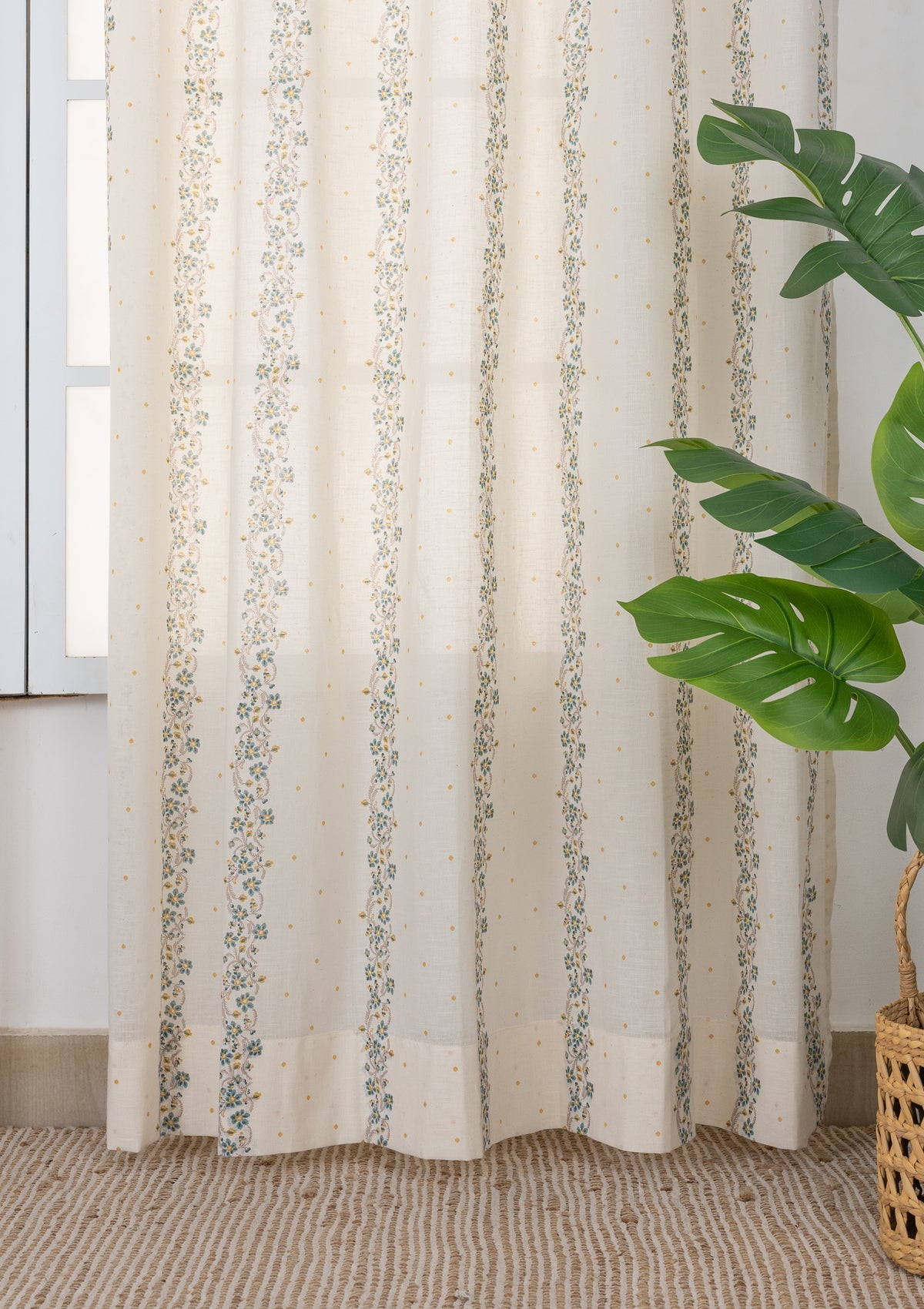 Kodi Teal Floral 100% Cotton Sheer Printed Curtain For Livingroom / Bedroom | Light Filtering | Single Piece