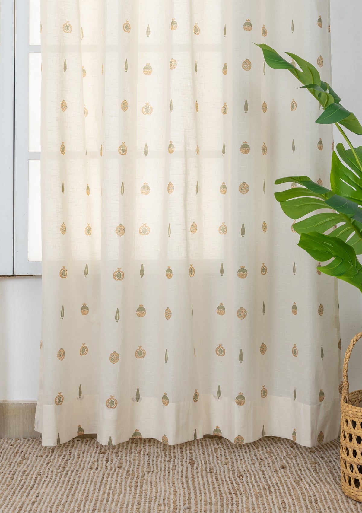 Madhuram Green & Beige Ethnic 100% Cotton Sheer Printed Curtain For Livingroom / Bedroom | Light Filtering | Single Piece