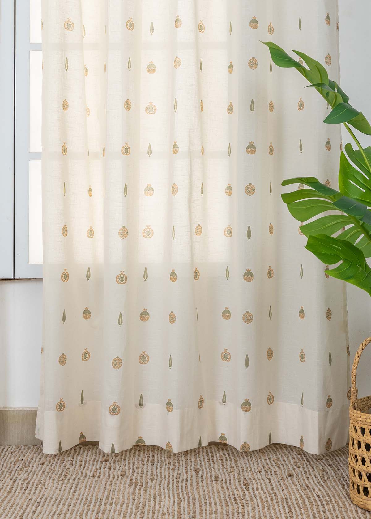 Madhuram Green & Beige Ethnic 100% Cotton Sheer Printed Curtain For Livingroom / Bedroom | Light Filtering | Single Piece