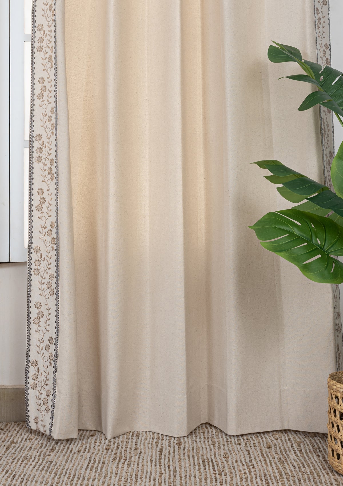 Mogra Beige Brown & Grey Floral 100% Cotton Embroidered Curtain For Livingroom / Bedroom | Light Reduction | Single Piece