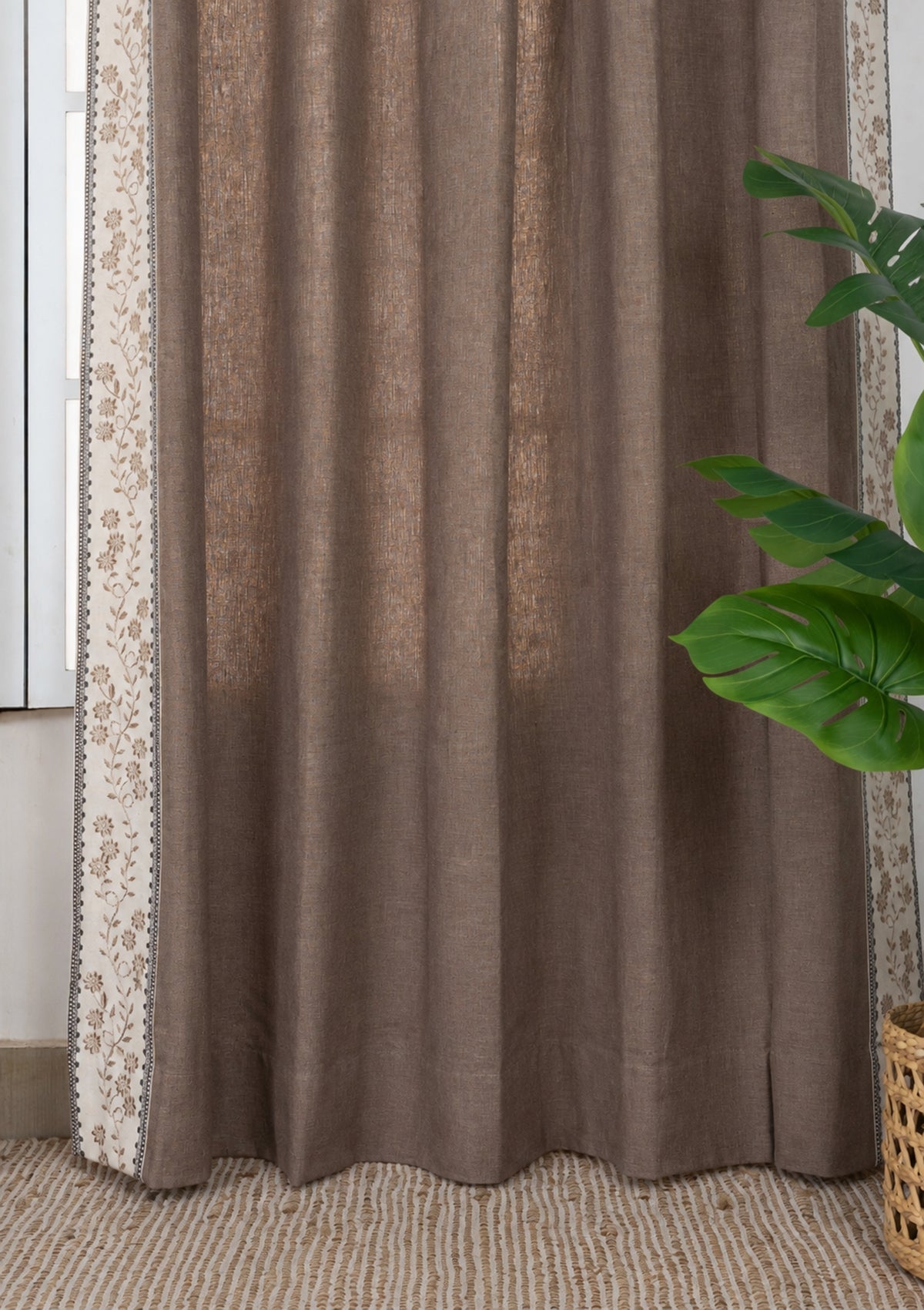 Mogra Fig Brown & Grey Floral Linen Cotton Blend Embroidered Curtain For Livingroom / Bedroom | Room Darkening | Single Piece