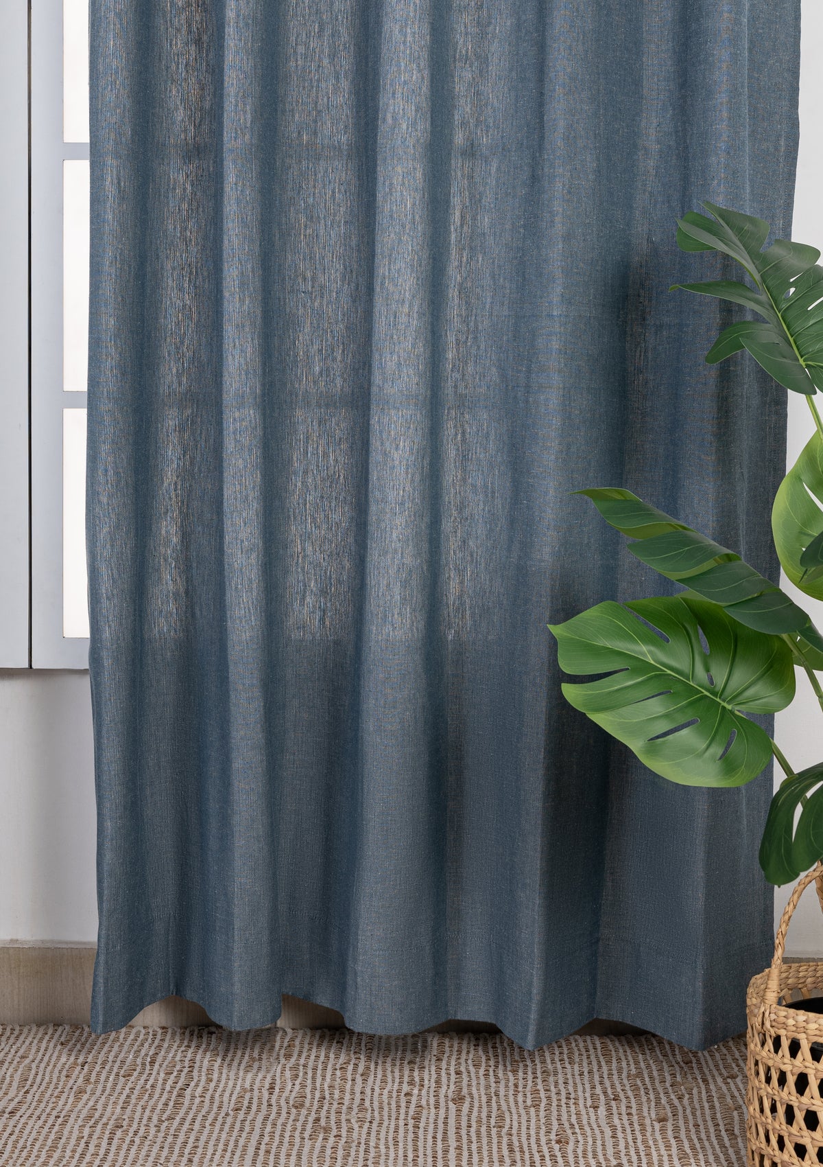 Nilgiri Blue Solid Linen Cotton Blend Textured Curtain For Livingroom / Bedroom | Room Darkening | Single Piece