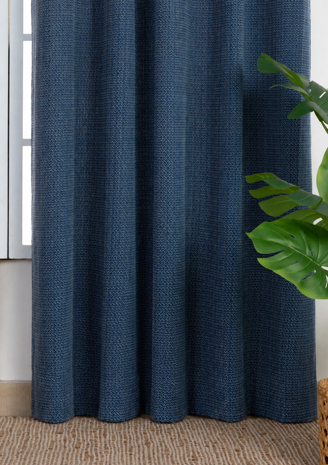 Pacific Blue 100% Cotton Textured Curtain For Livingroom / Bedroom | Room Darkening | Single Piece