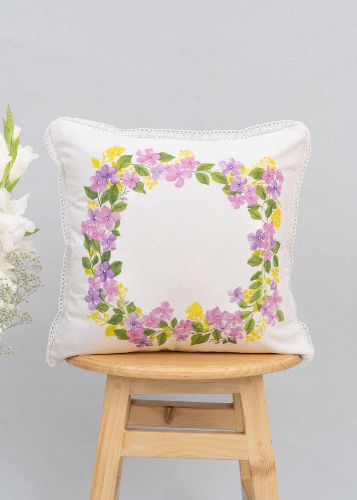 Very Peri Wreath Printed Cotton Cushion Cover - Lavender