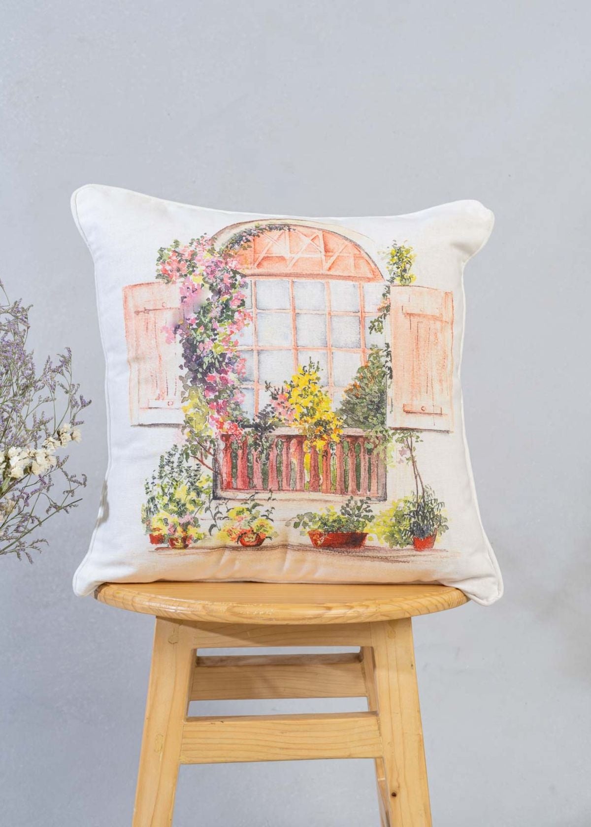 Vintage Window Printed Cotton Cushion Cover - Multicolor