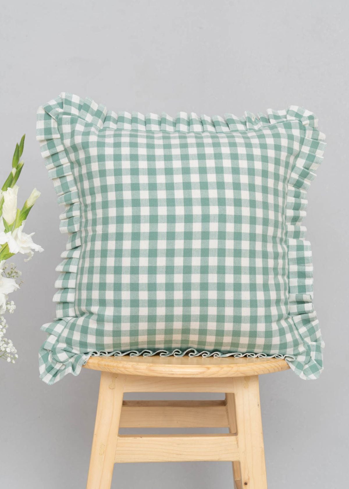 Gingham Cotton Cushion Cover - Sage Green