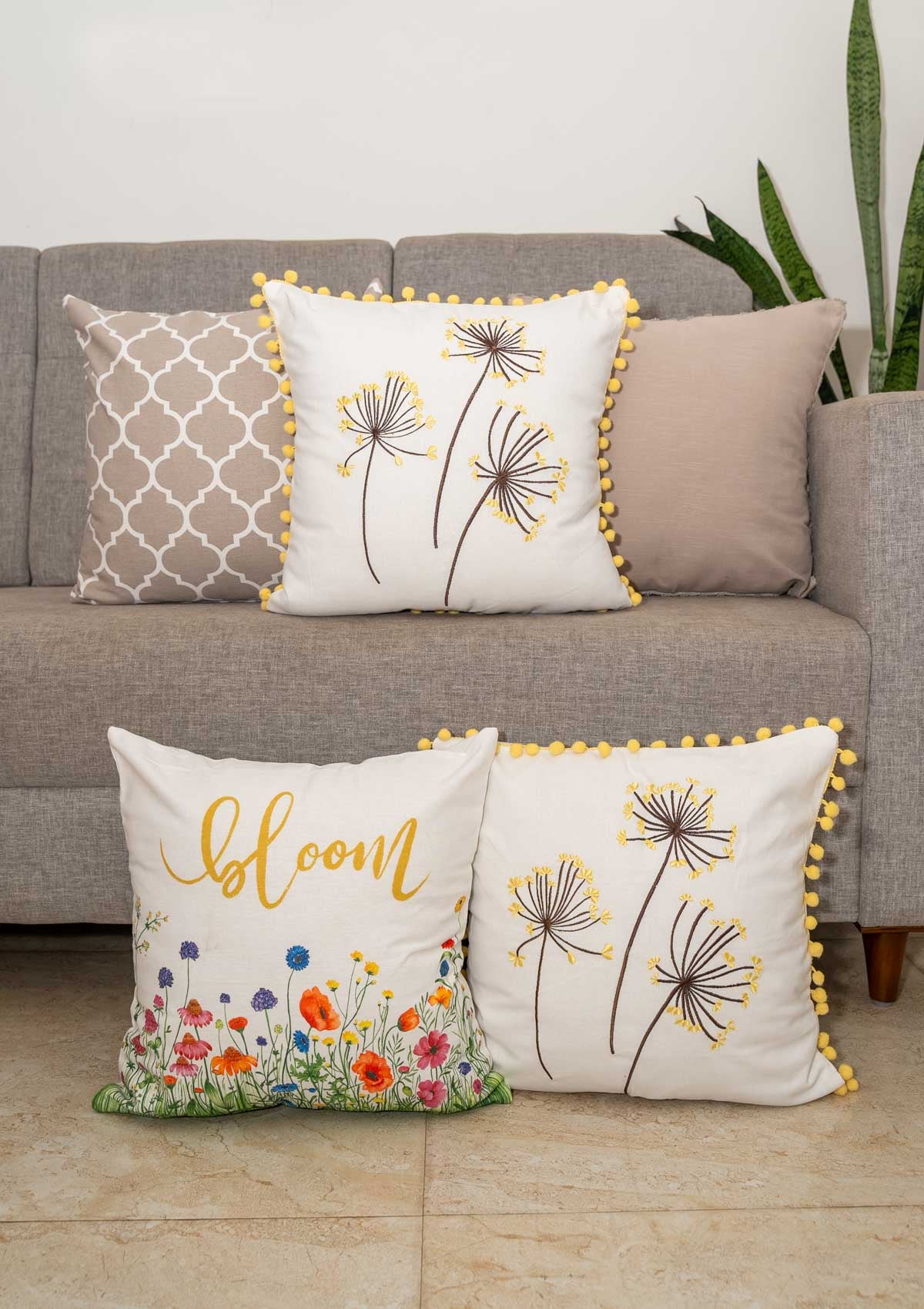 Bloom printed floral, Dancing Dandelion with pom pom, Reverse trellis geometric, Solid Walnut Grey with piping - Cushion cover - Set of 5