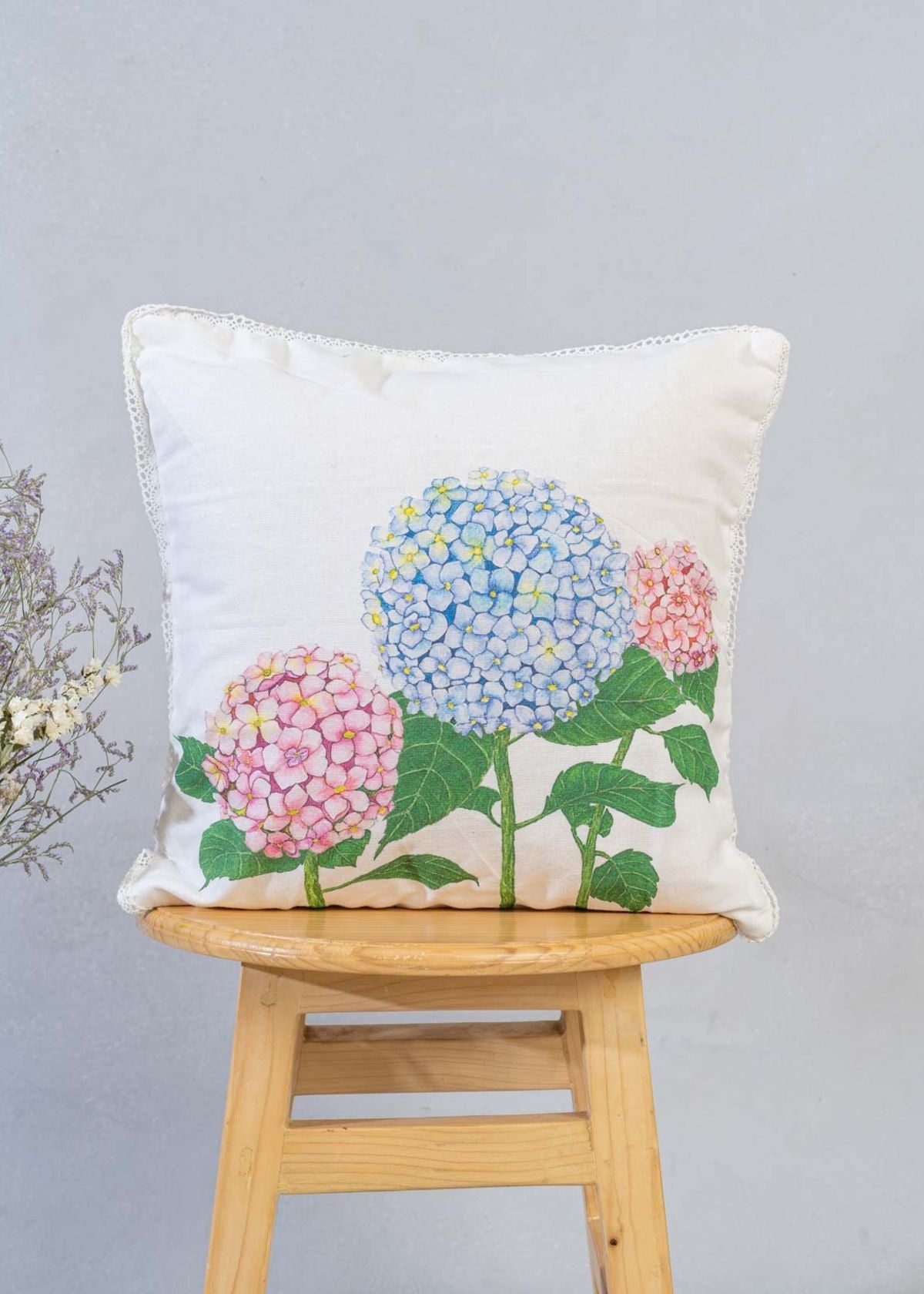 Bouquet Of Hydrangea, Royal Blue, French Farmhouse In Blues, Pampas Grass Set Of 4 Combo Cotton Cushion Cover - Blue