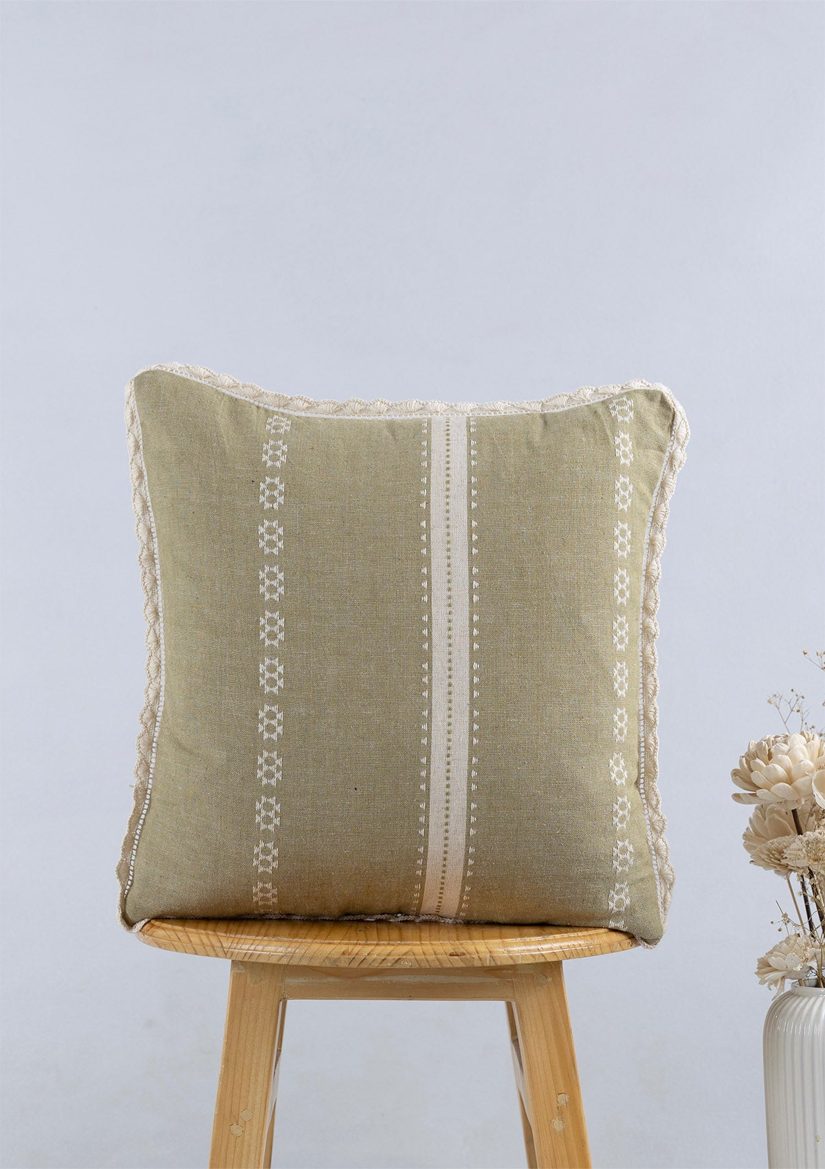Valli & Bhumi Green & Gold | Embroidered Textured Floral | 100% Cotton Cushion Cover For Sofa | Pack of 2