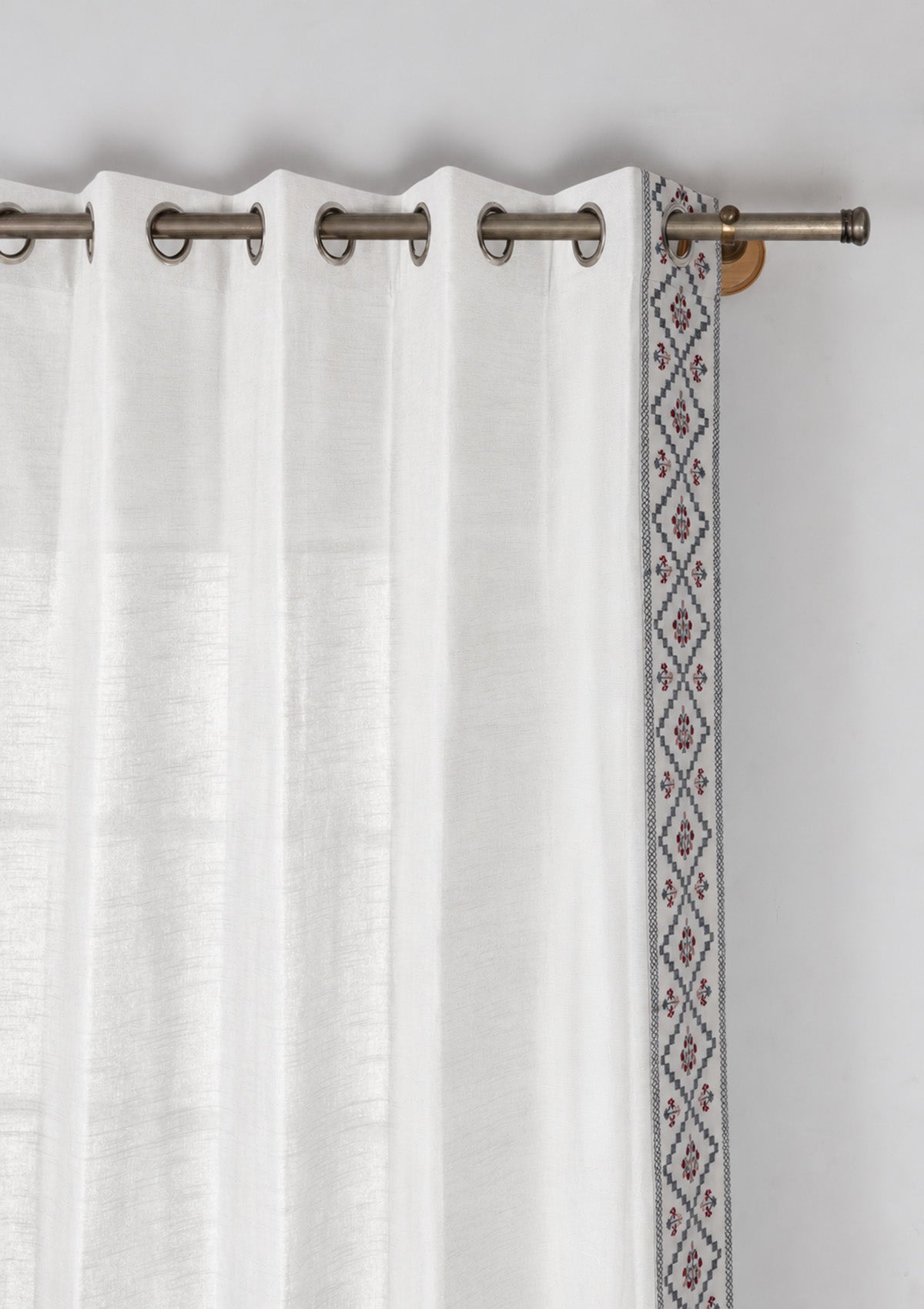 Ketaki White & Blue Geometric 100% Cotton Embroidered Curtain For Livingroom / Bedroom | Light Reduction | Single Piece