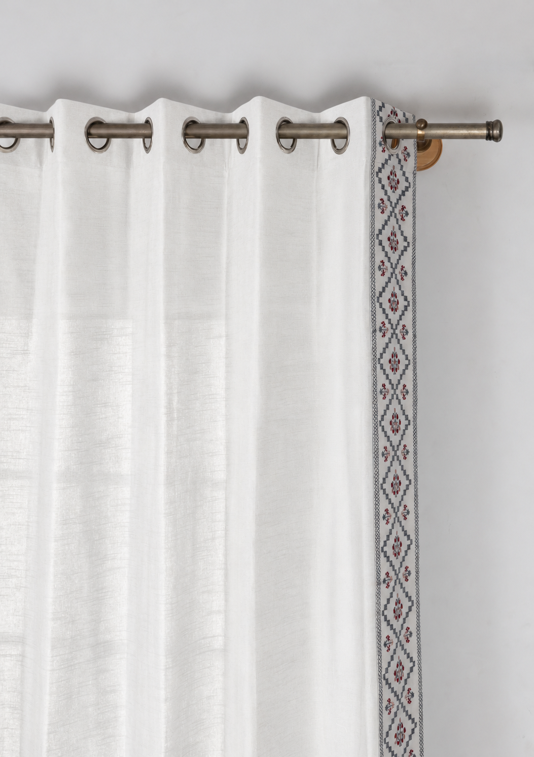 Ketaki White & Blue Geometric 100% Cotton Embroidered Curtain For Livingroom / Bedroom | Light Reduction | Single Piece