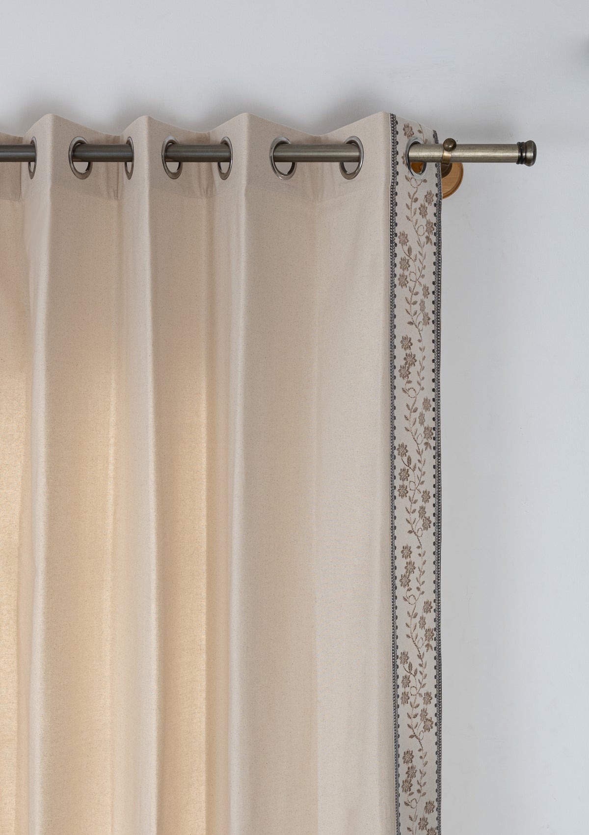 Mogra Beige Brown & Grey Floral 100% Cotton Embroidered Curtain For Livingroom / Bedroom | Light Reduction | Single Piece
