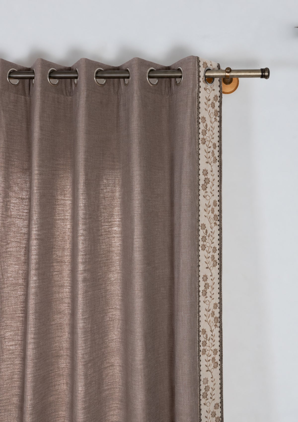 Mogra Fig Brown & Grey Floral Linen Cotton Blend Embroidered Curtain For Livingroom / Bedroom | Room Darkening | Single Piece