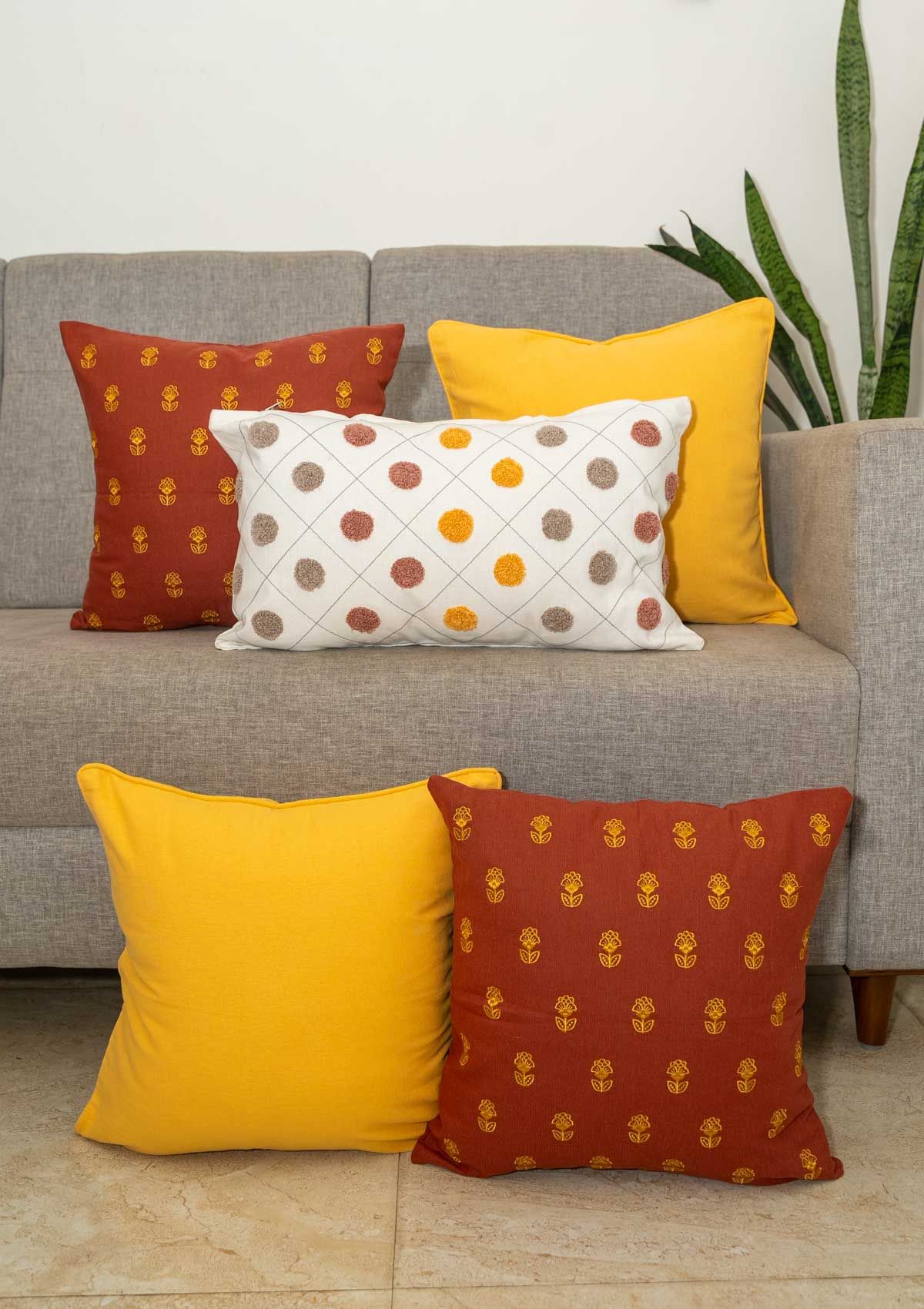 Dainty Dots Embroidered , Kesar embroidered, Solid Mustard with piping - Cushion cover - Set of 5