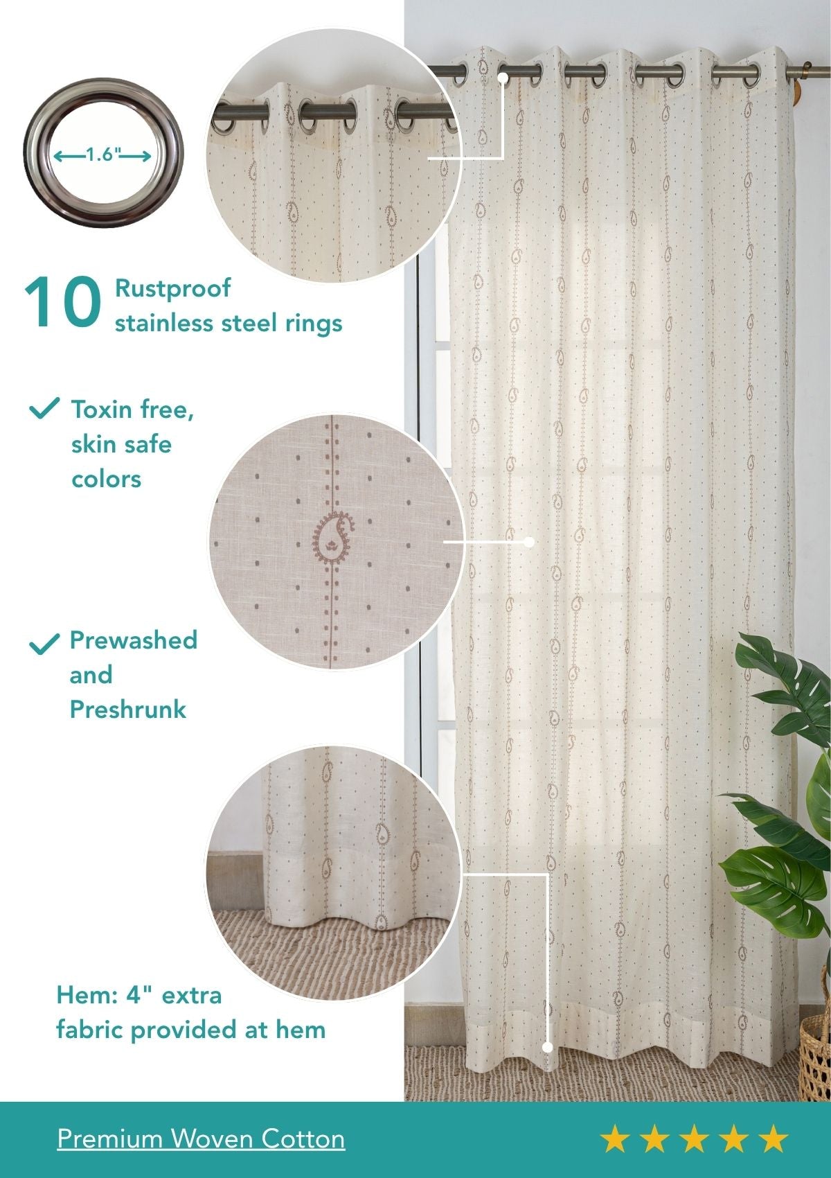 Ambi Brown & Grey Ethnic 100% Cotton Sheer Printed Curtain For Livingroom / Bedroom | Light Filtering | Single Piece