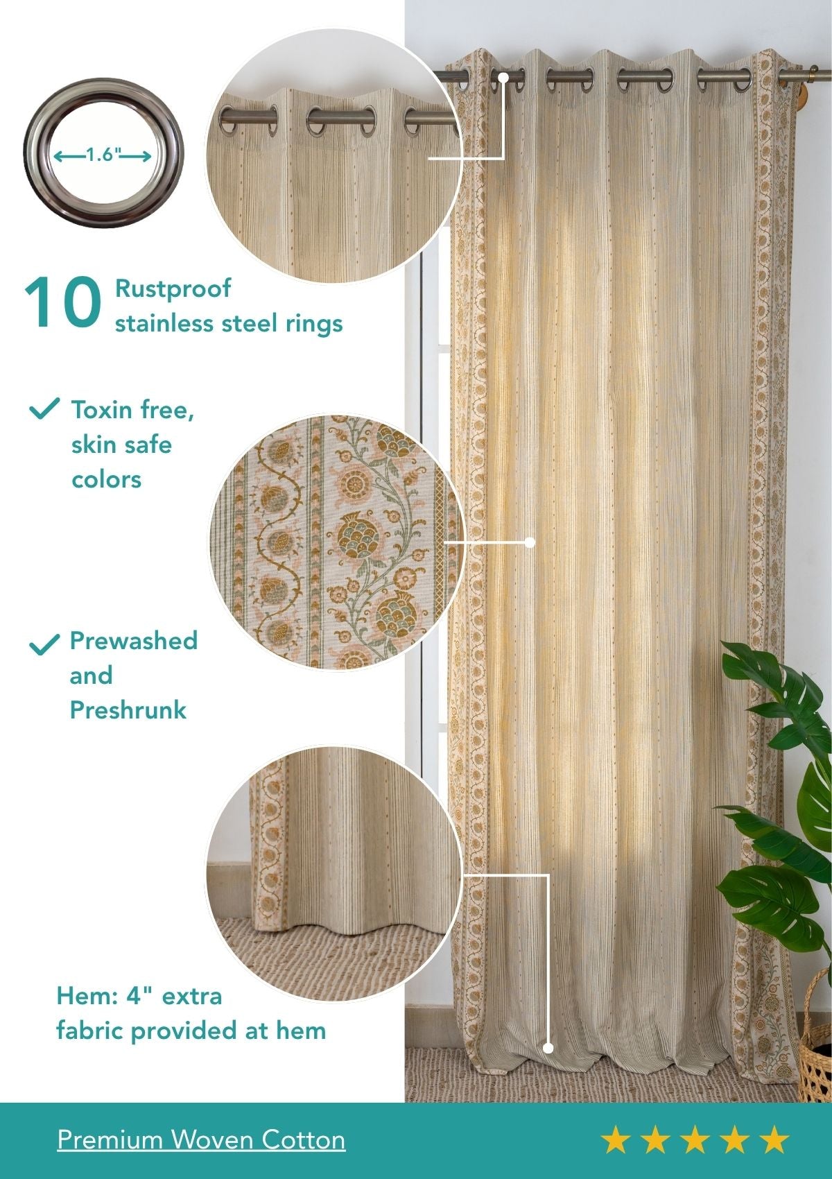 Anora Green Ethnic 100% Cotton Printed Curtain For Livingroom / Bedroom | Light Reduction | Single Piece