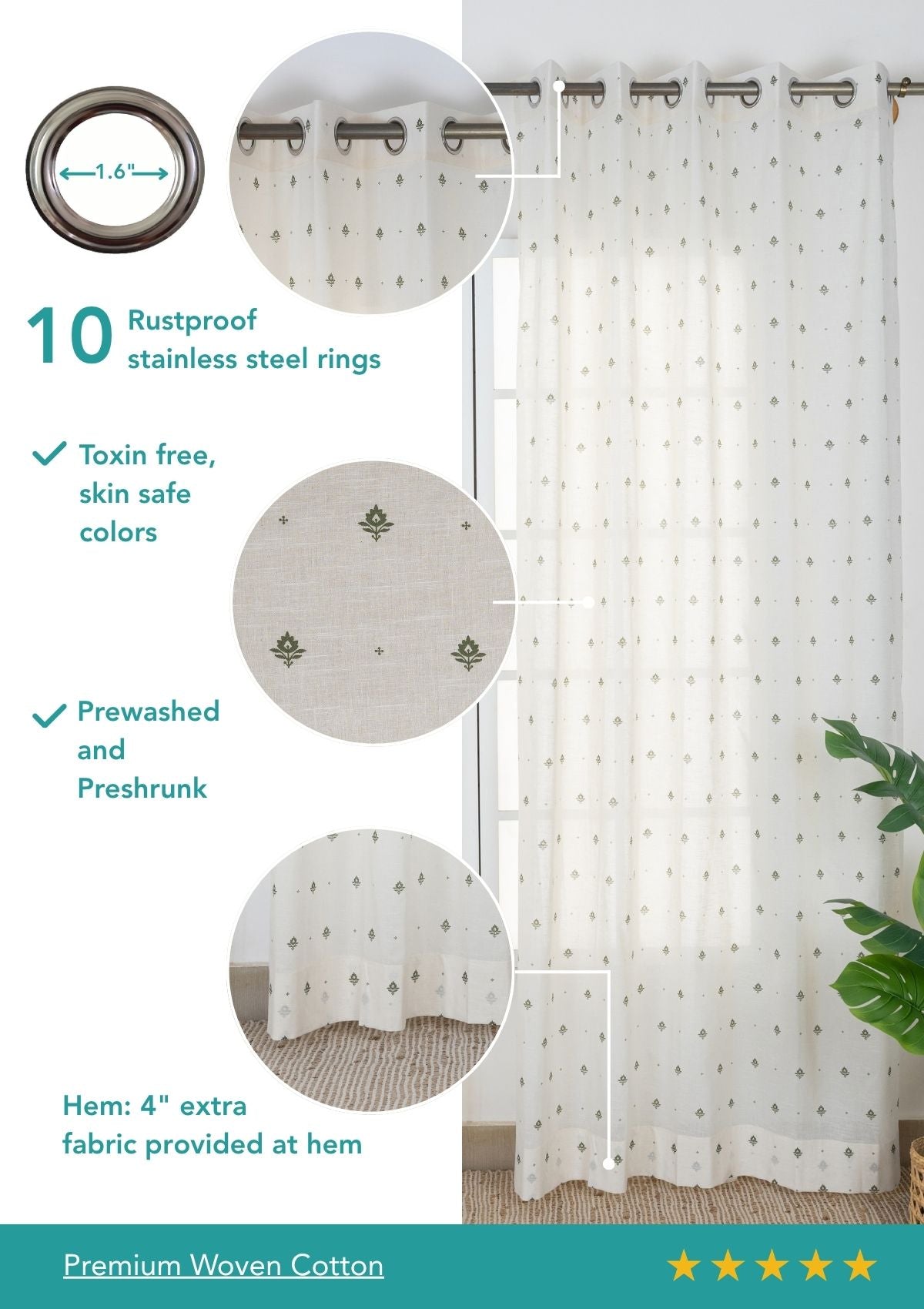 Cava Pepper Green Minimal 100% Cotton Sheer Printed Curtain For Livingroom / Bedroom | Light Filtering | Single Piece