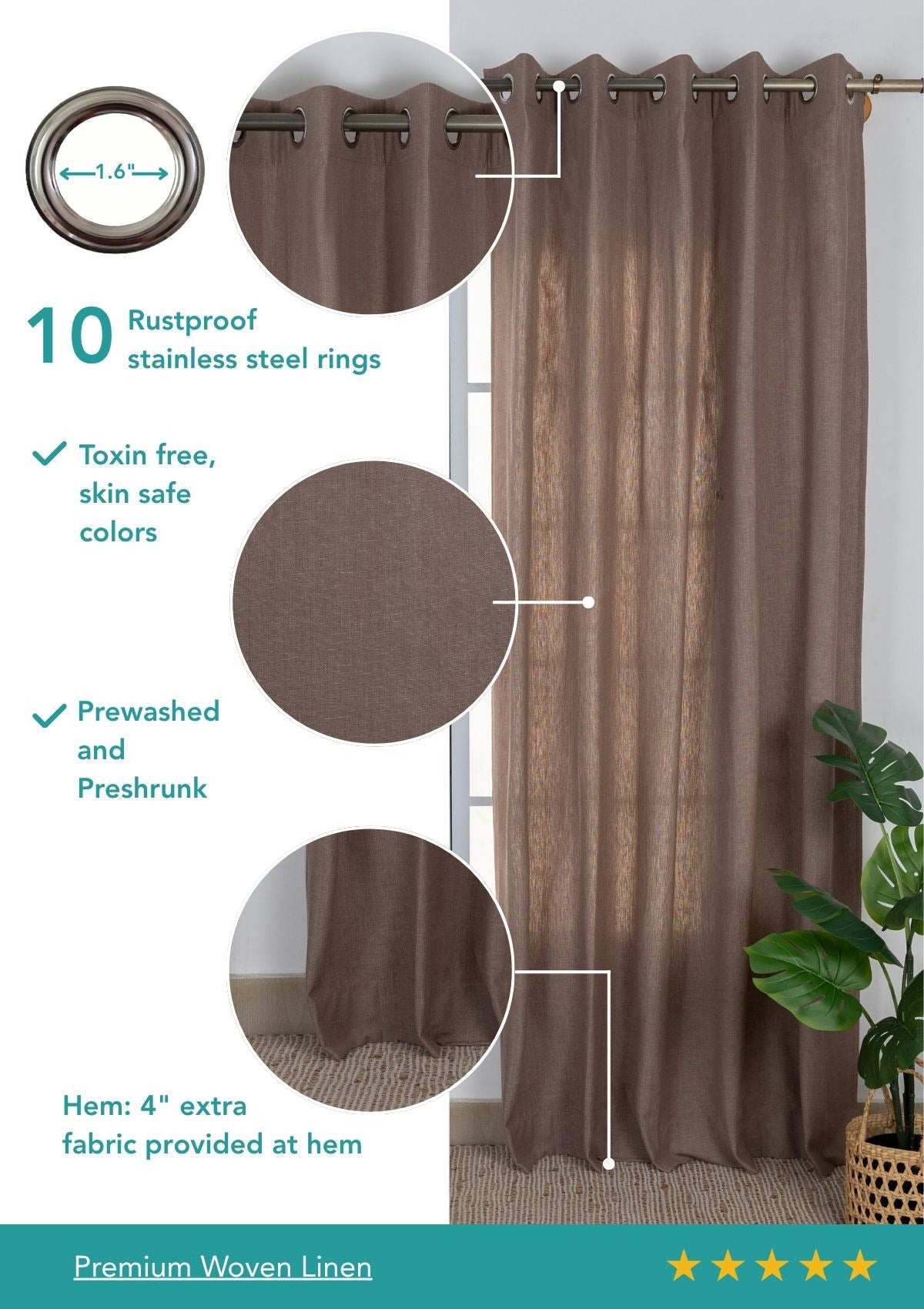 Fig Brown Solid Linen Cotton Blend Textured Curtain For Livingroom / Bedroom | Room Darkening | Single Piece