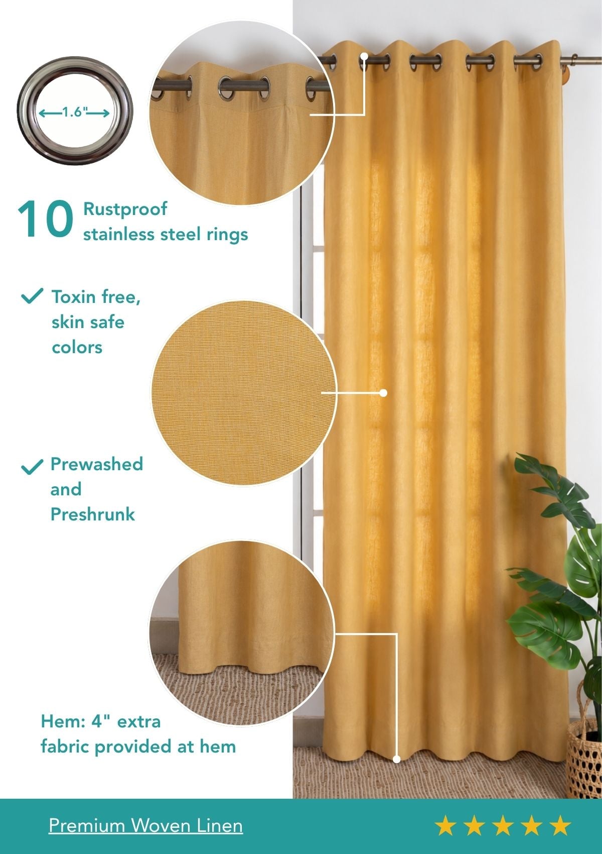 Honey Yellow Mustard Solid Linen Cotton Blend Textured Curtain For Livingroom / Bedroom | Room Darkening | Single Piece