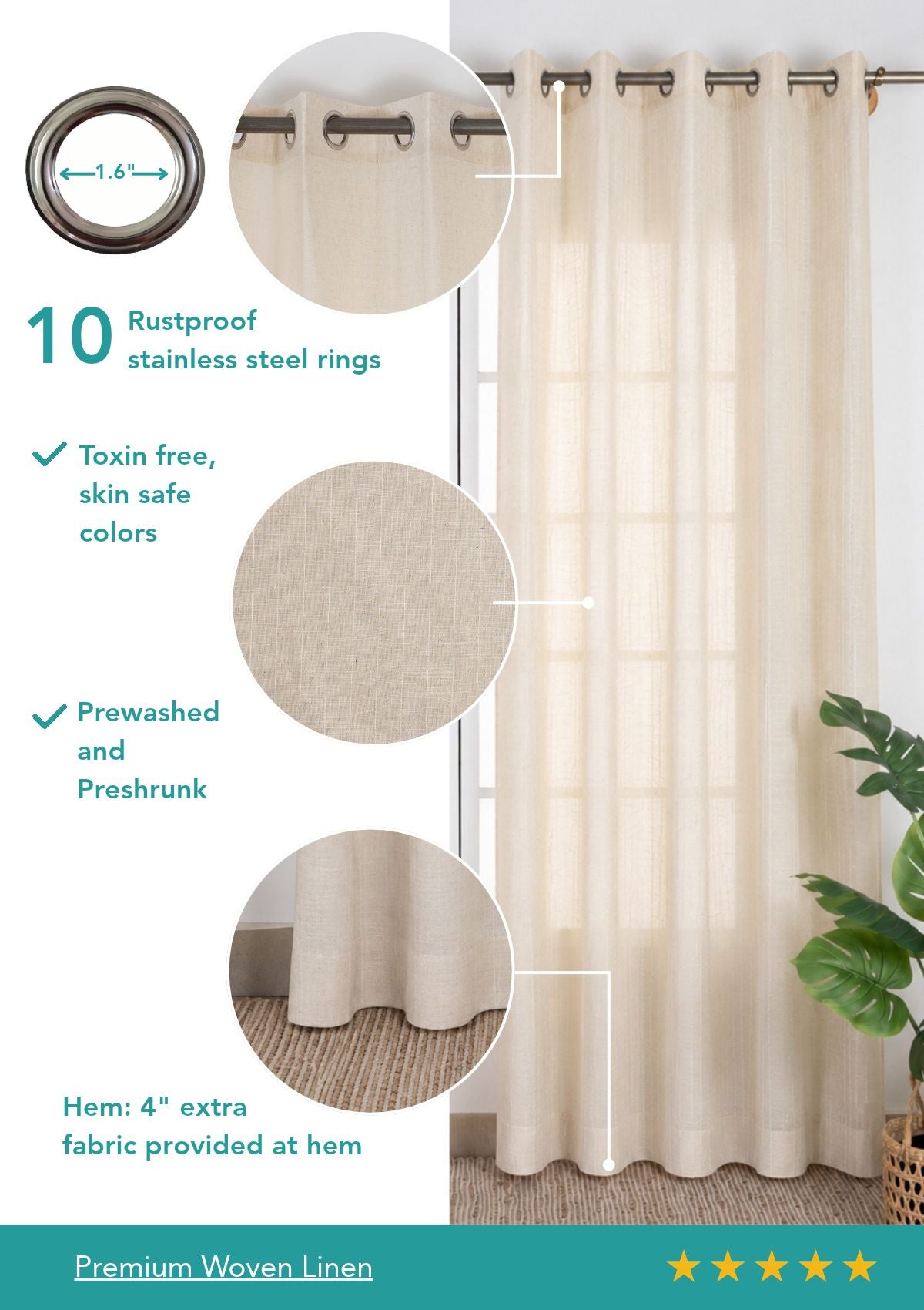 Husk Stripped Beige Neutral Linen Cotton Blend Sheer Textured Curtain For Livingroom / Bedroom | Light Filtering | Single Piece