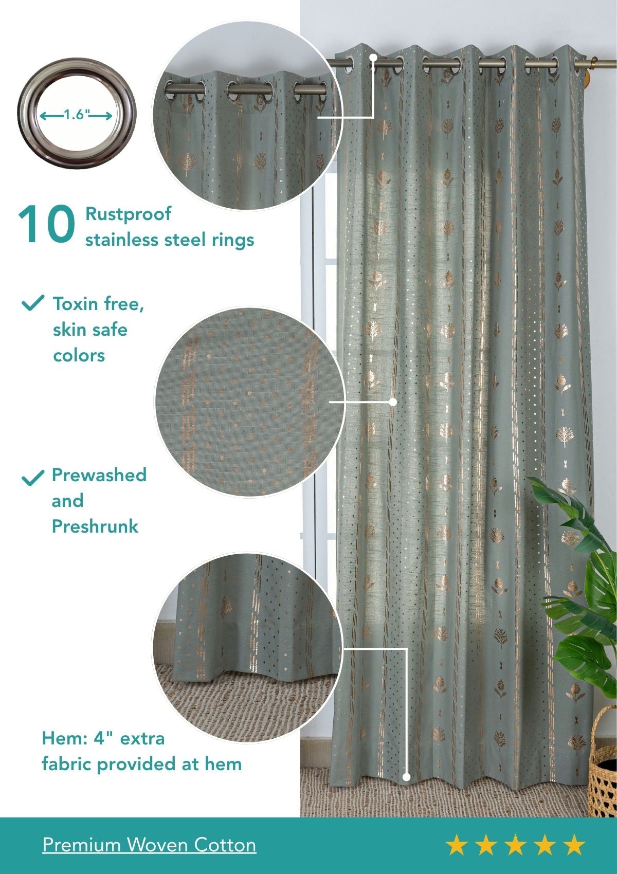 Iniya Green & Copper Ethnic 100% Cotton Copper Printed Curtain For Livingroom / Bedroom | Room Darkening | Single Piece