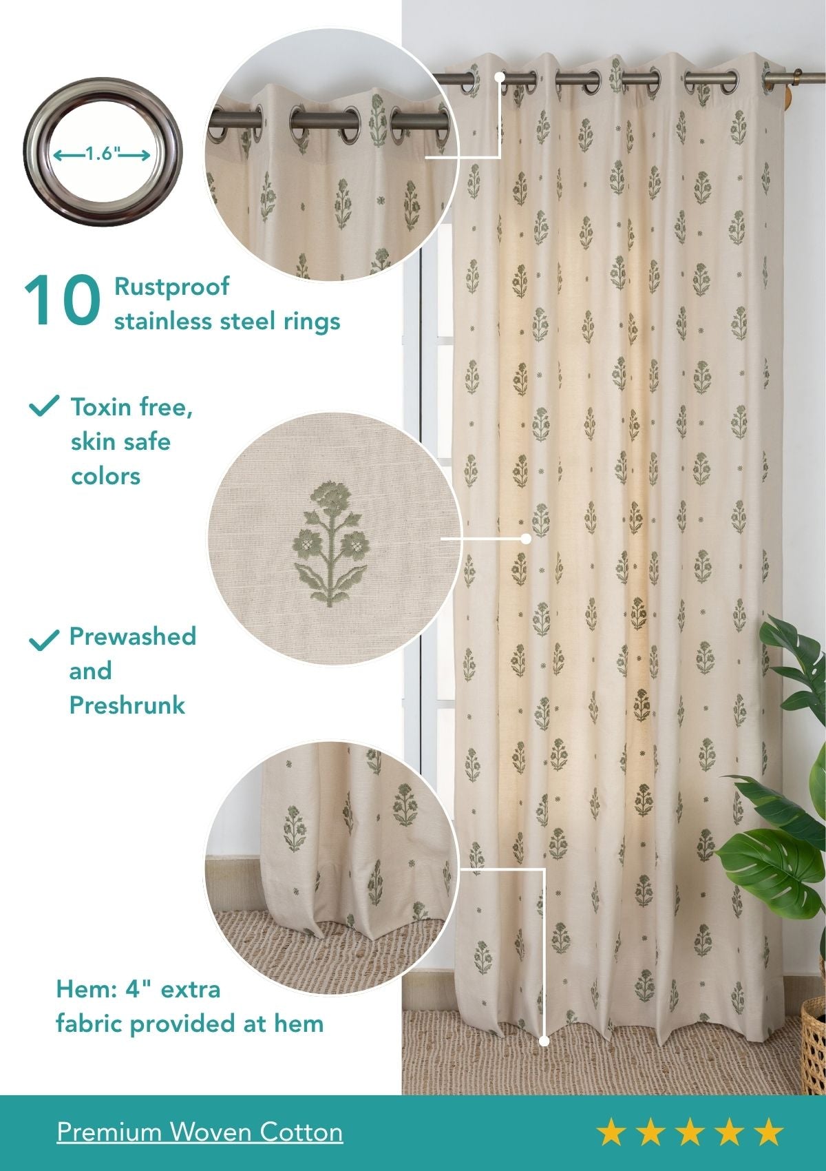 Juhi Green Floral 100% Cotton Embroidered Curtain For Livingroom / Bedroom | Light Reduction | Single Piece