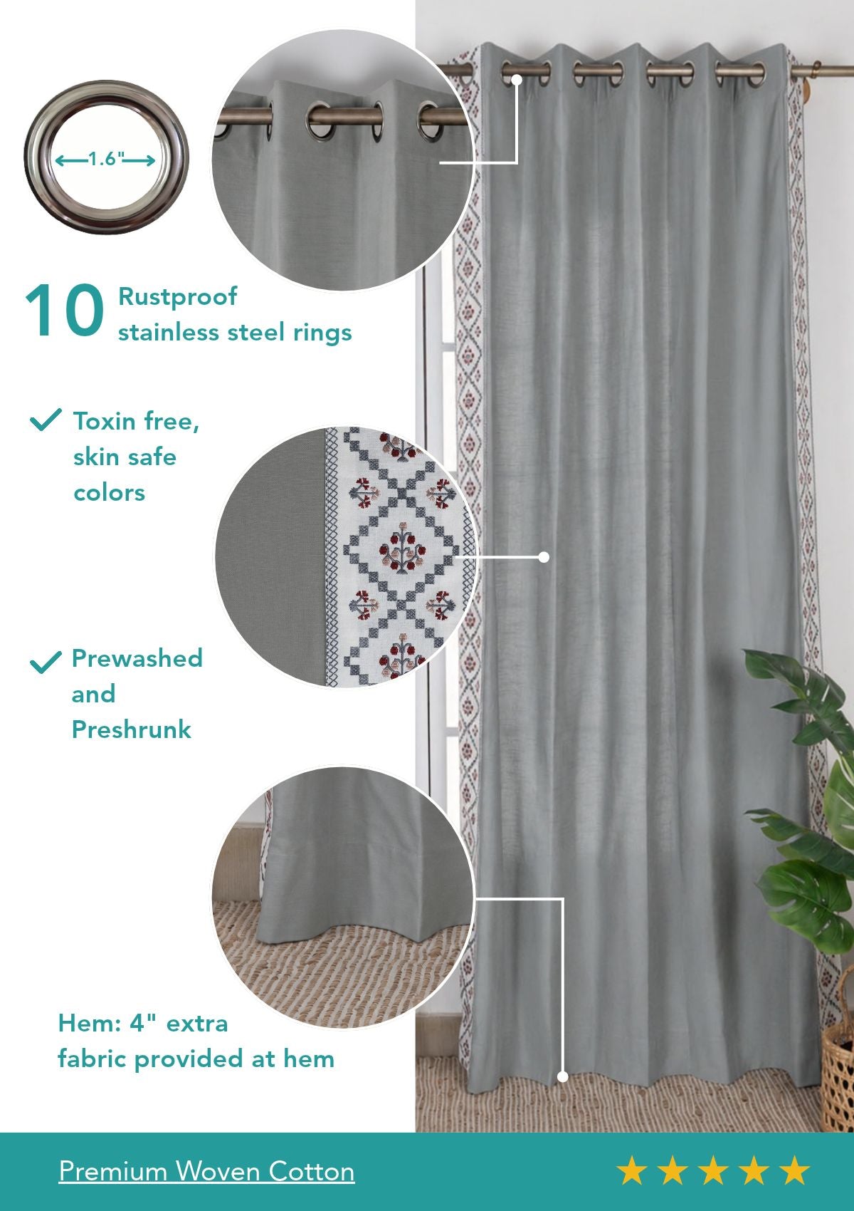 Ketaki Ultimate Grey & Blue Geometric 100% Cotton Embroidered Curtain For Livingroom / Bedroom | Room Darkening | Single Piece