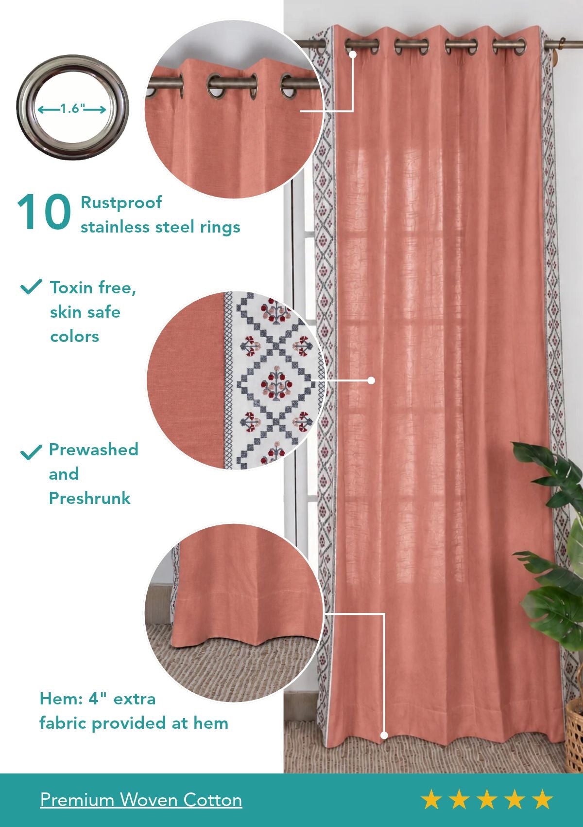 Ketaki Rust Blue & Pink Geometric 100% Cotton Embroidered Curtain For Livingroom / Bedroom | Room Darkening | Single Piece