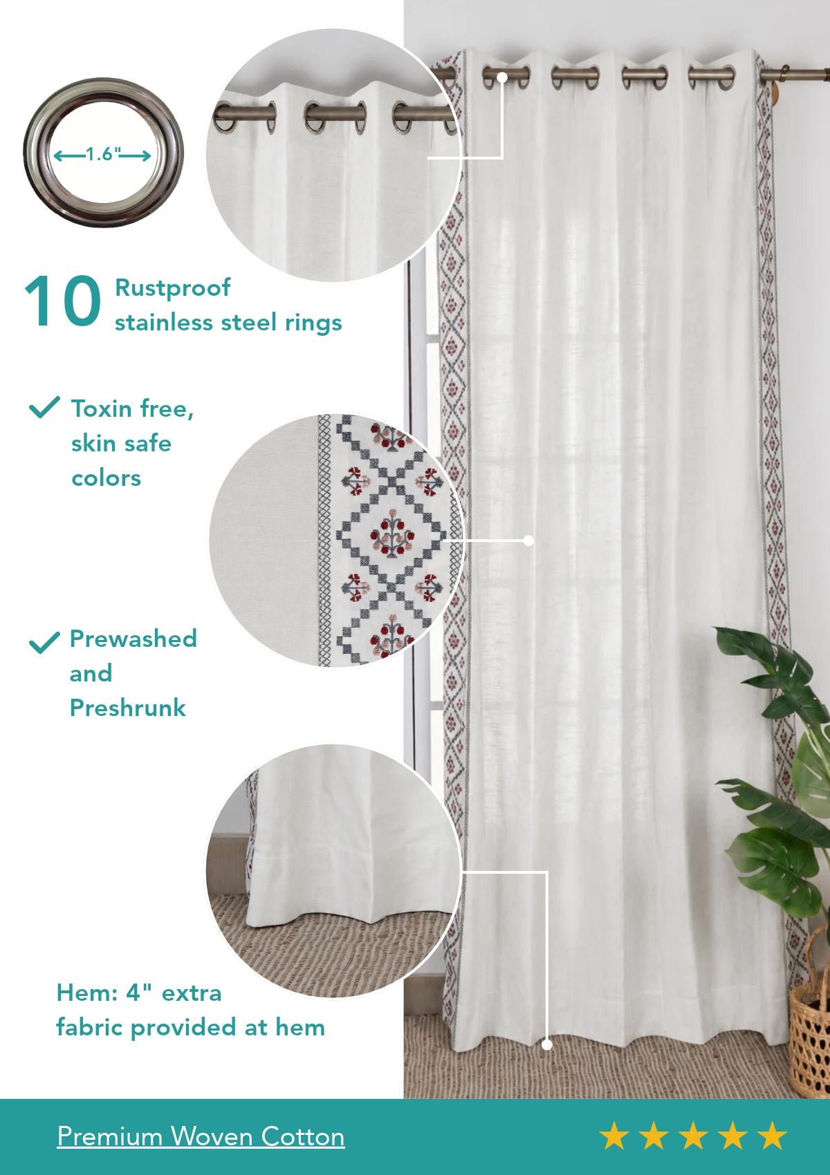 Ketaki White & Blue Geometric 100% Cotton Embroidered Curtain For Livingroom / Bedroom | Light Reduction | Single Piece