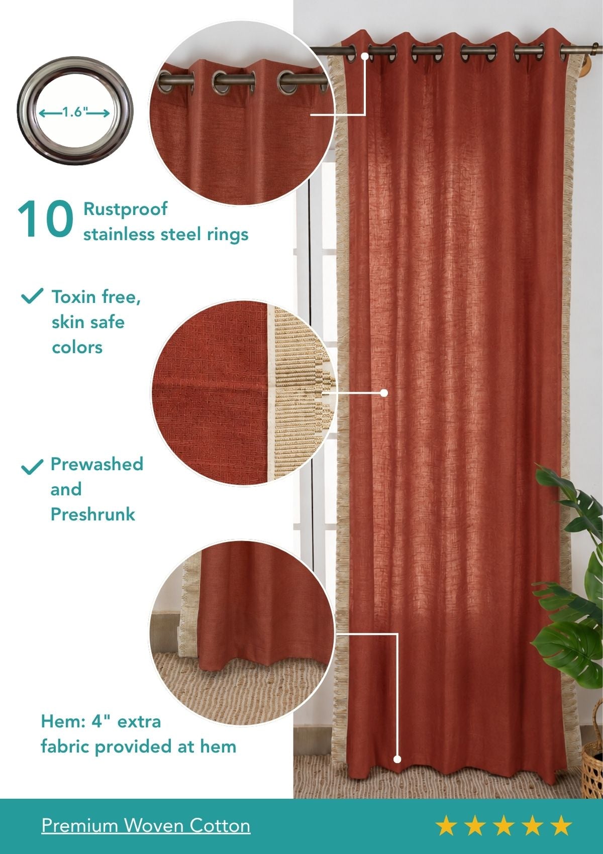 Kinari Brick Red & Gold Ethnic 100% Cotton Textured Curtain For Livingroom / Bedroom | Room Darkening | Single Piece
