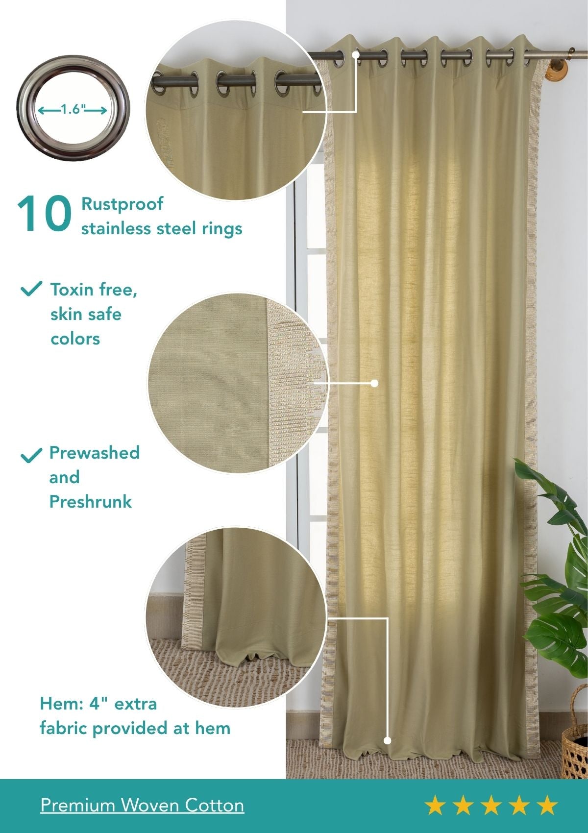 Kinari Herb Green & Gold Ethnic 100% Cotton Textured Curtain For Livingroom / Bedroom | Room Darkening | Single Piece