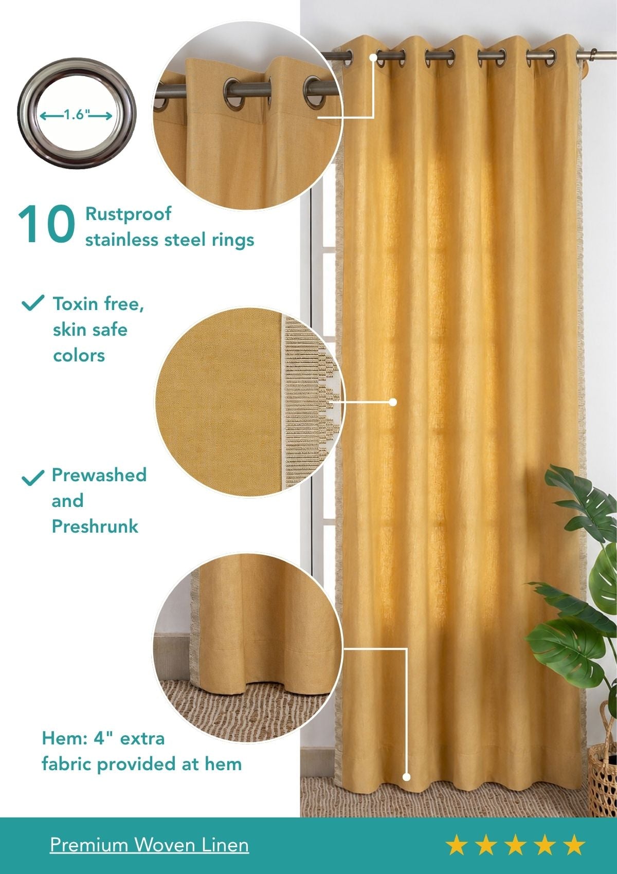 Kinari Honey Yellow & Gold Ethnic Linen Cotton Blend Textured Curtain For Livingroom / Bedroom | Room Darkening | Single Piece
