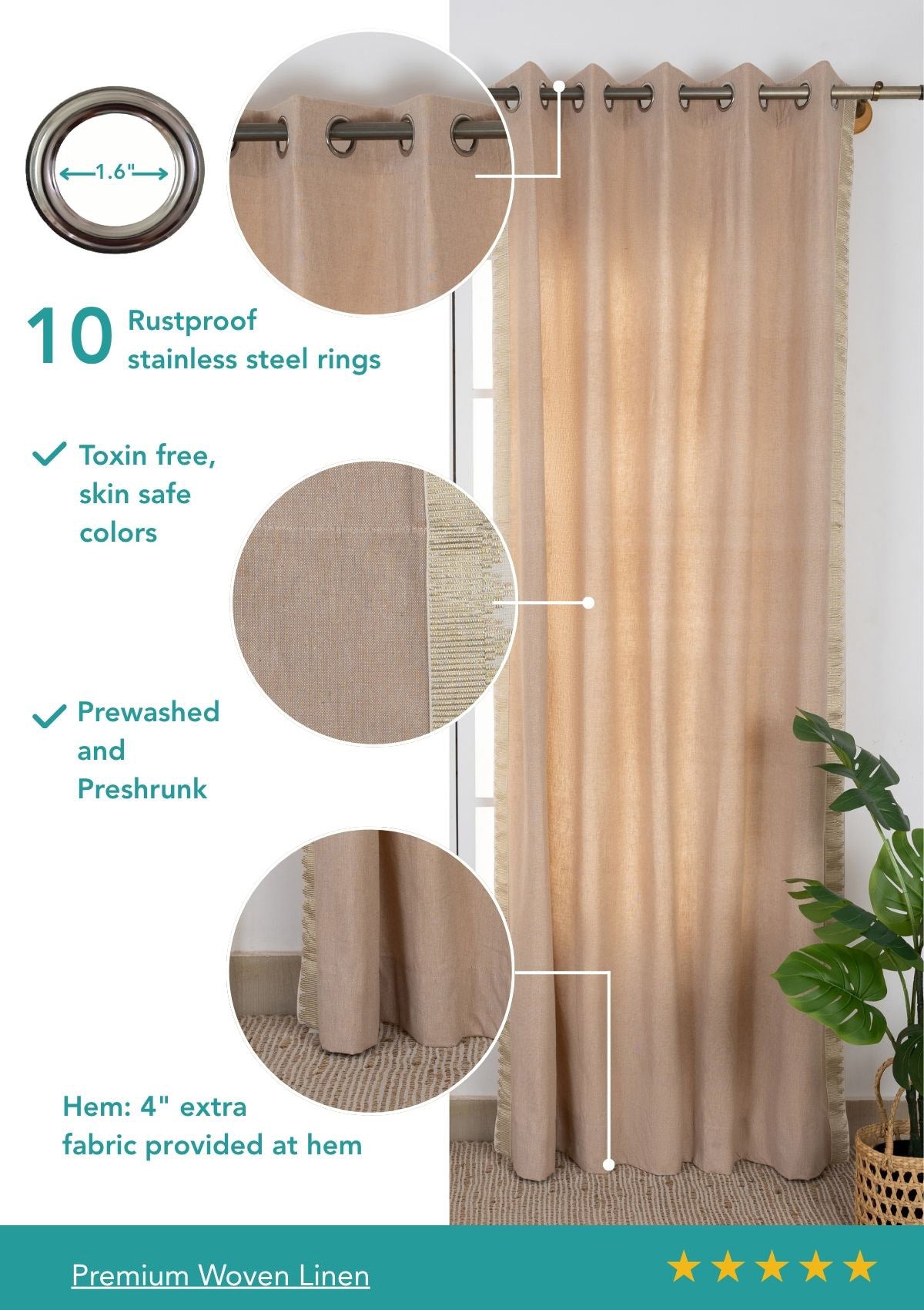 Kinari Pink Sand & Gold Ethnic Linen Cotton Blend Textured Curtain For Livingroom / Bedroom | Room Darkening | Single Piece