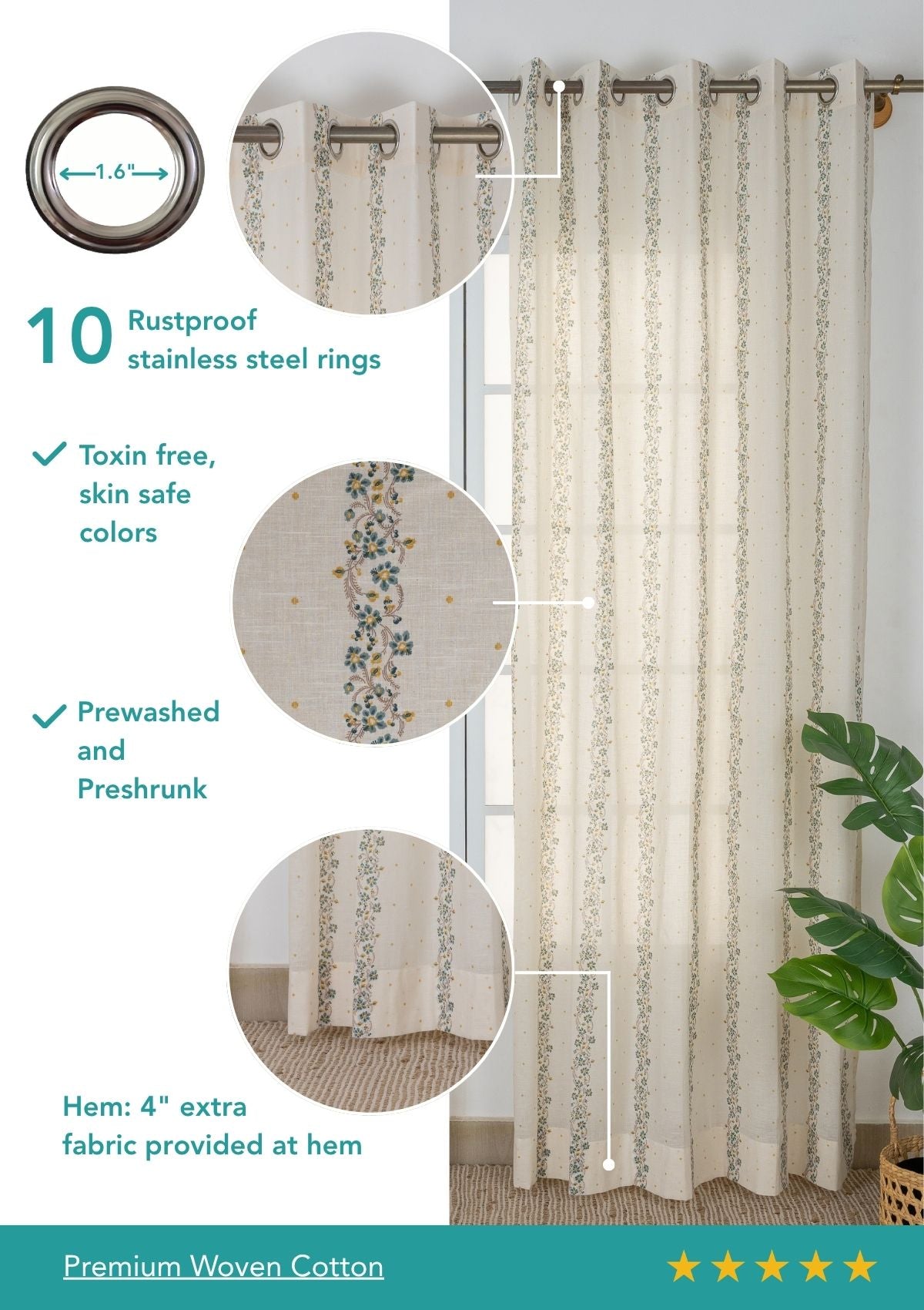 Kodi Teal Floral 100% Cotton Sheer Printed Curtain For Livingroom / Bedroom | Light Filtering | Single Piece