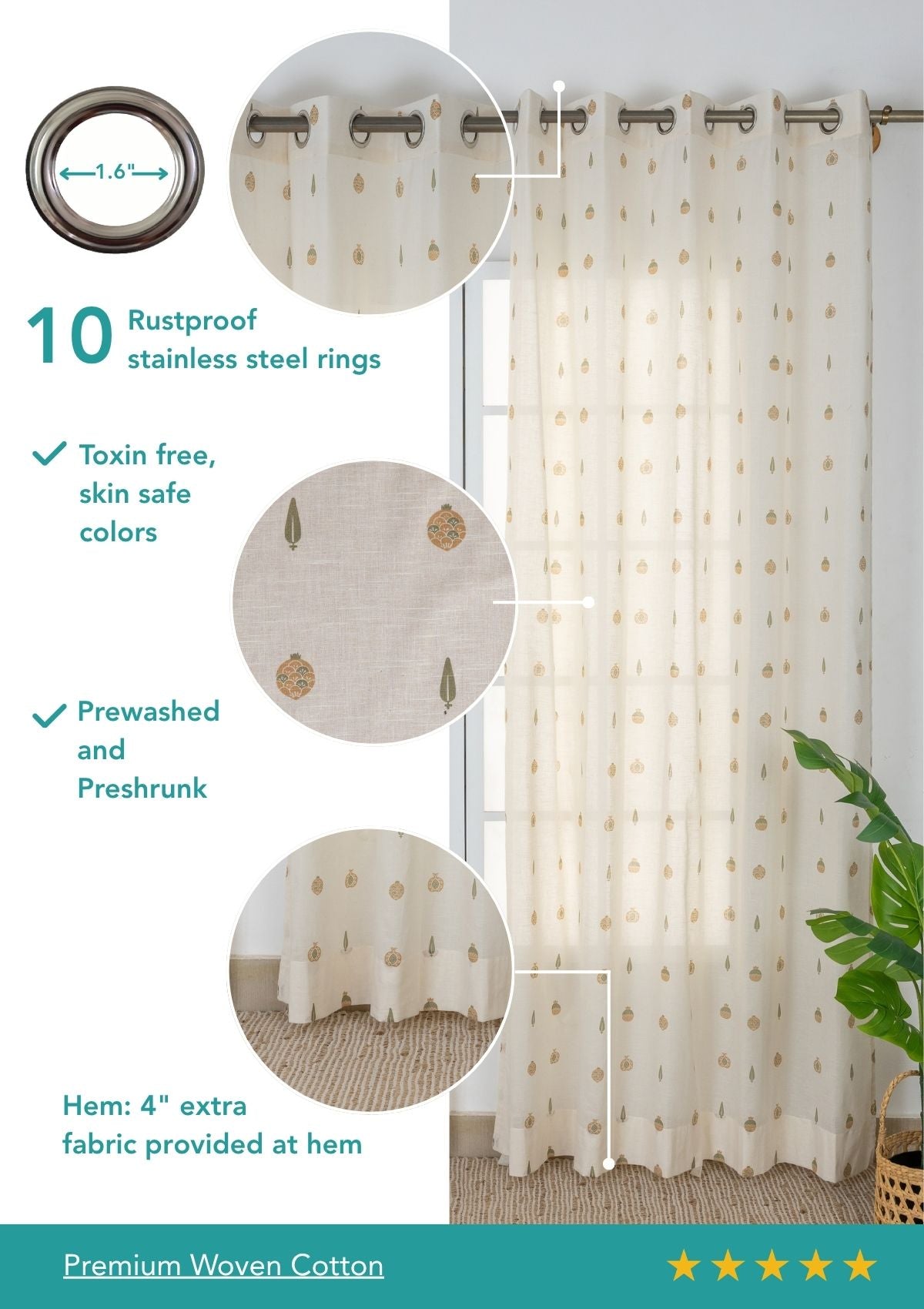 Madhuram Green & Beige Ethnic 100% Cotton Sheer Printed Curtain For Livingroom / Bedroom | Light Filtering | Single Piece