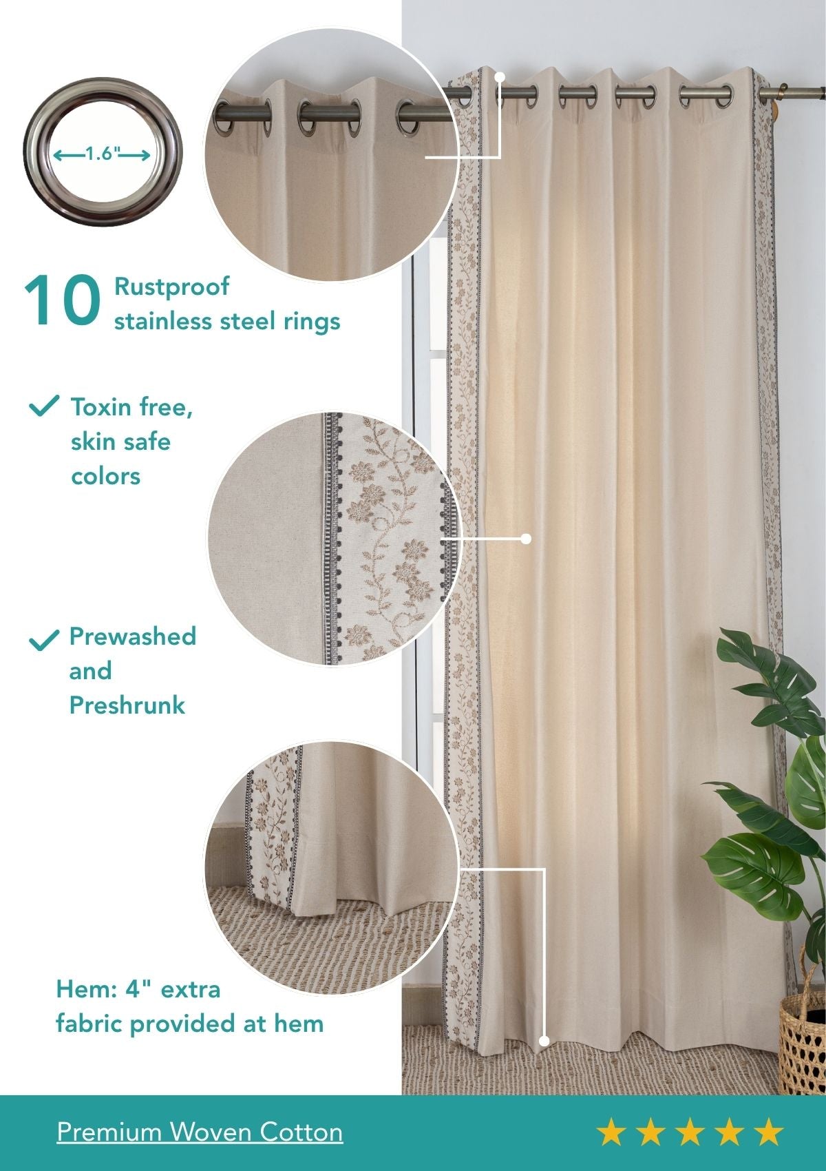 Mogra Beige Brown & Grey Floral 100% Cotton Embroidered Curtain For Livingroom / Bedroom | Light Reduction | Single Piece